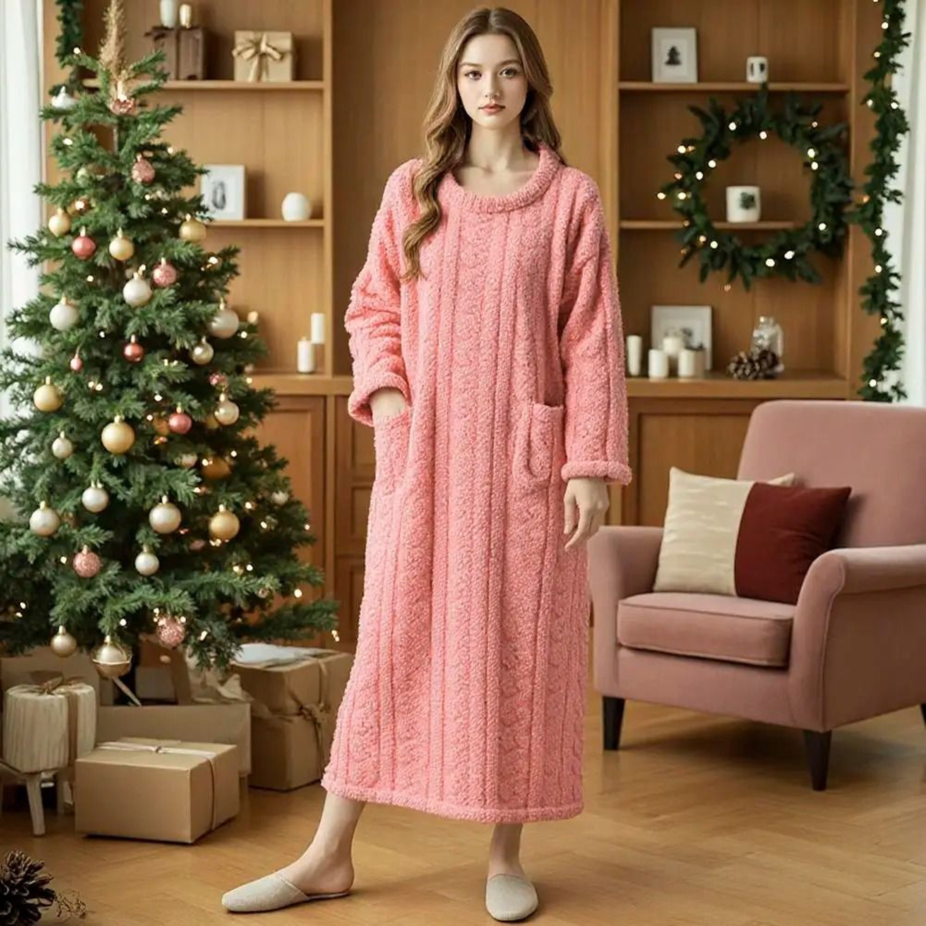 Winter Thickened Flannel Nightgown  Womens Jacquard Warm Sleepwear  Loose Night Dress System 5