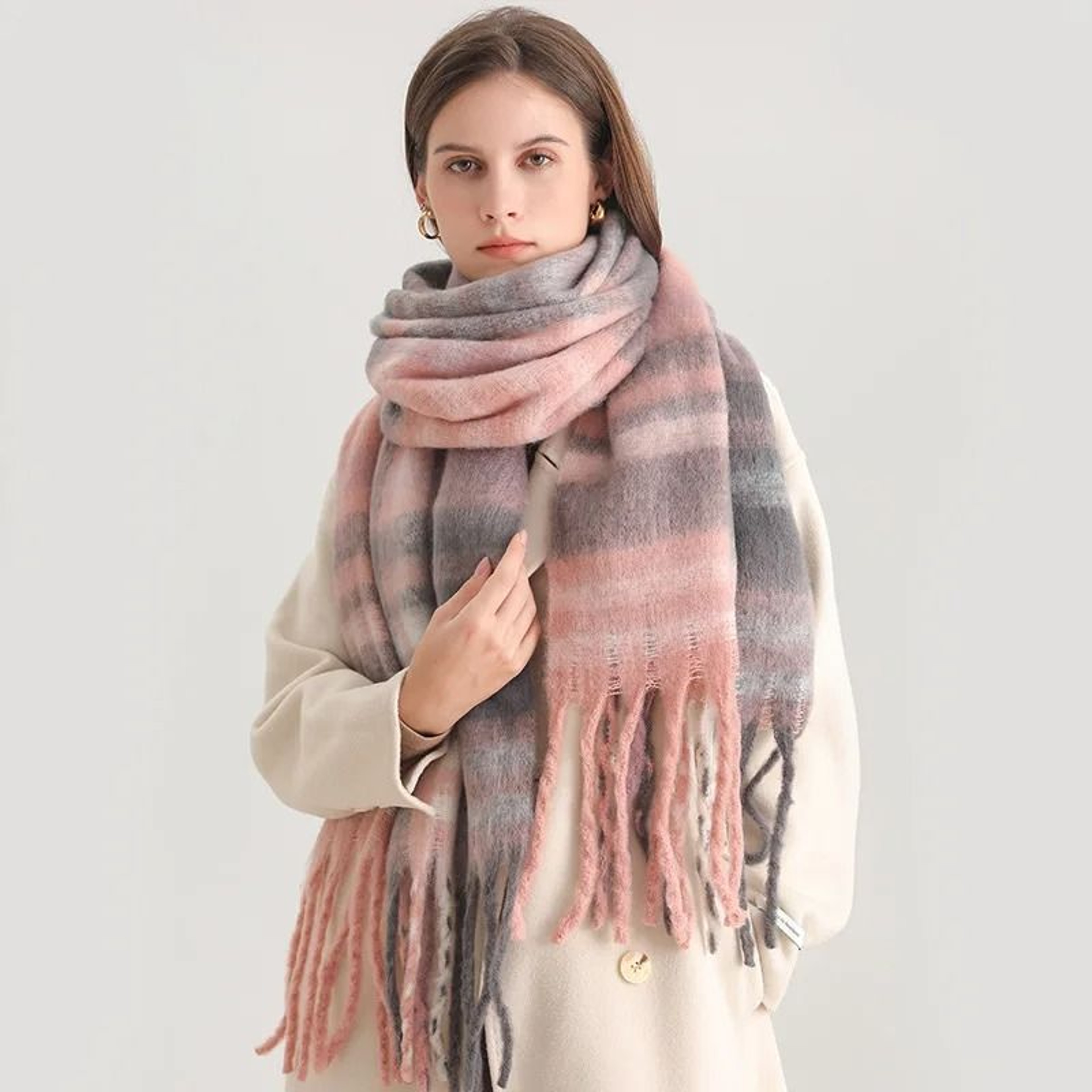 Korean Winter Imitation Cashmere Scarf  Premium Thick Warm Shawl  Tassel Blanket System 1