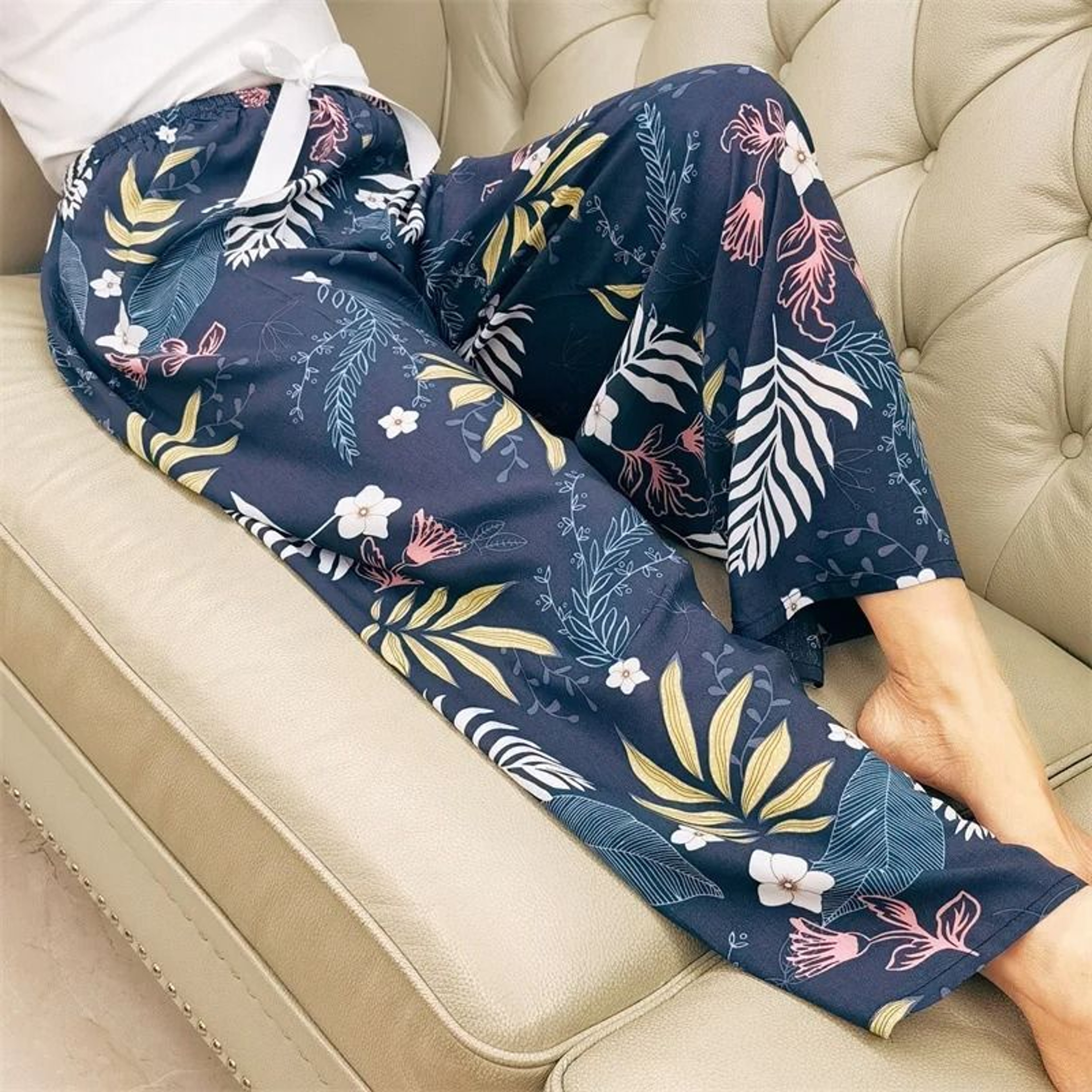 Womens Floral Viscose WideLeg Pants  AntiMosquito Drape  Loose Straight Pajama System 12