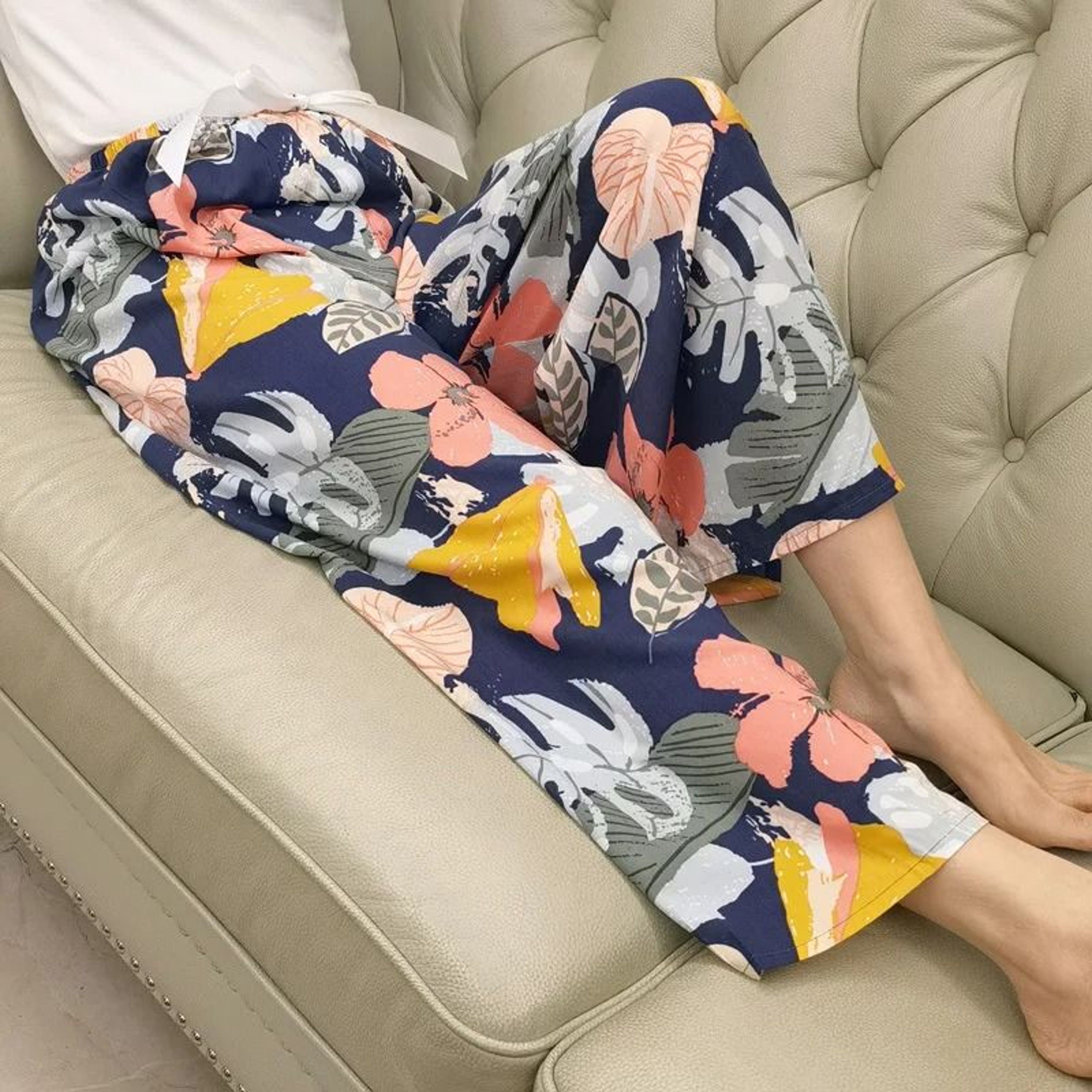 Womens Floral Viscose WideLeg Pants  AntiMosquito Drape  Loose Straight Pajama System 17