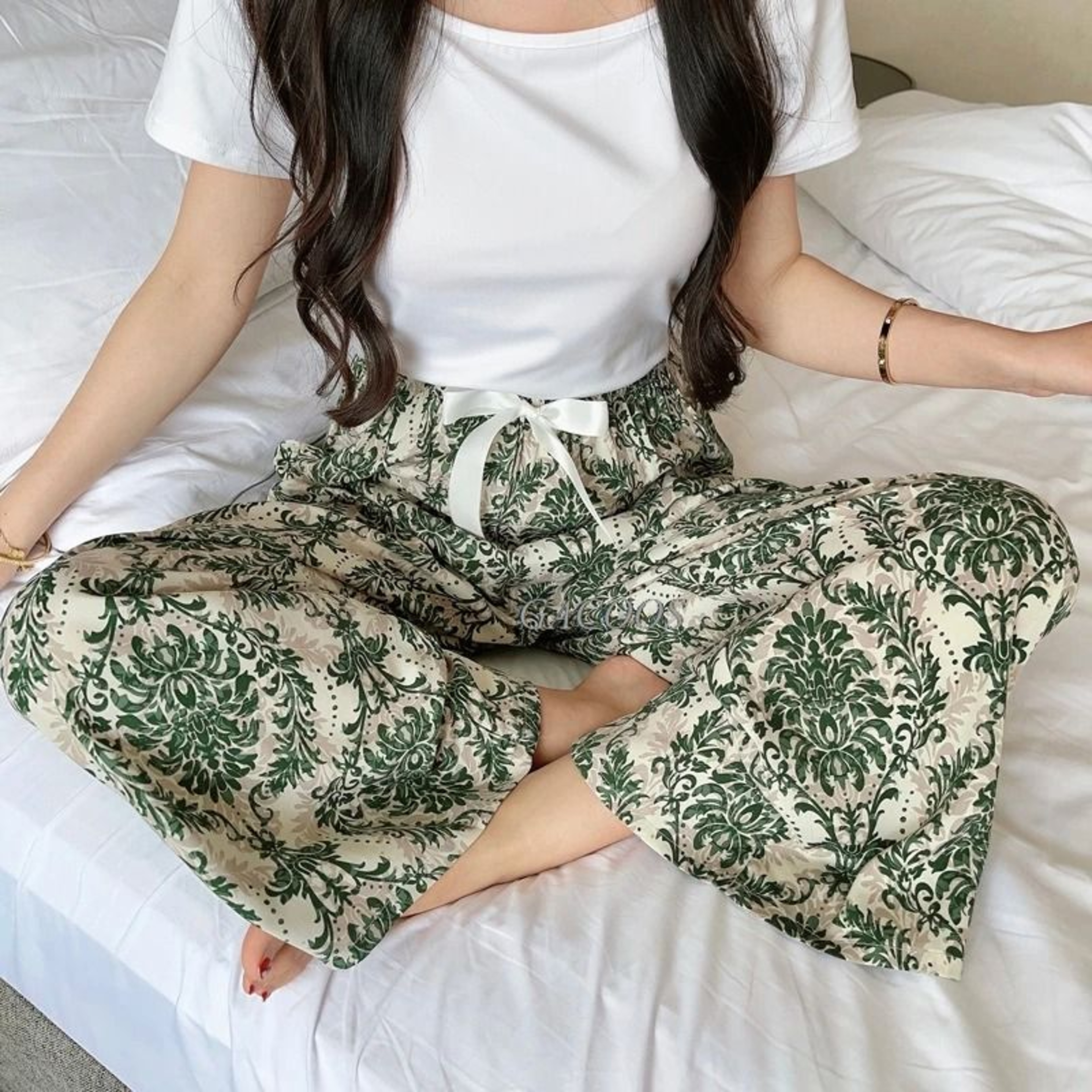 Womens Floral Viscose WideLeg Pants  AntiMosquito Drape  Loose Straight Pajama System 28