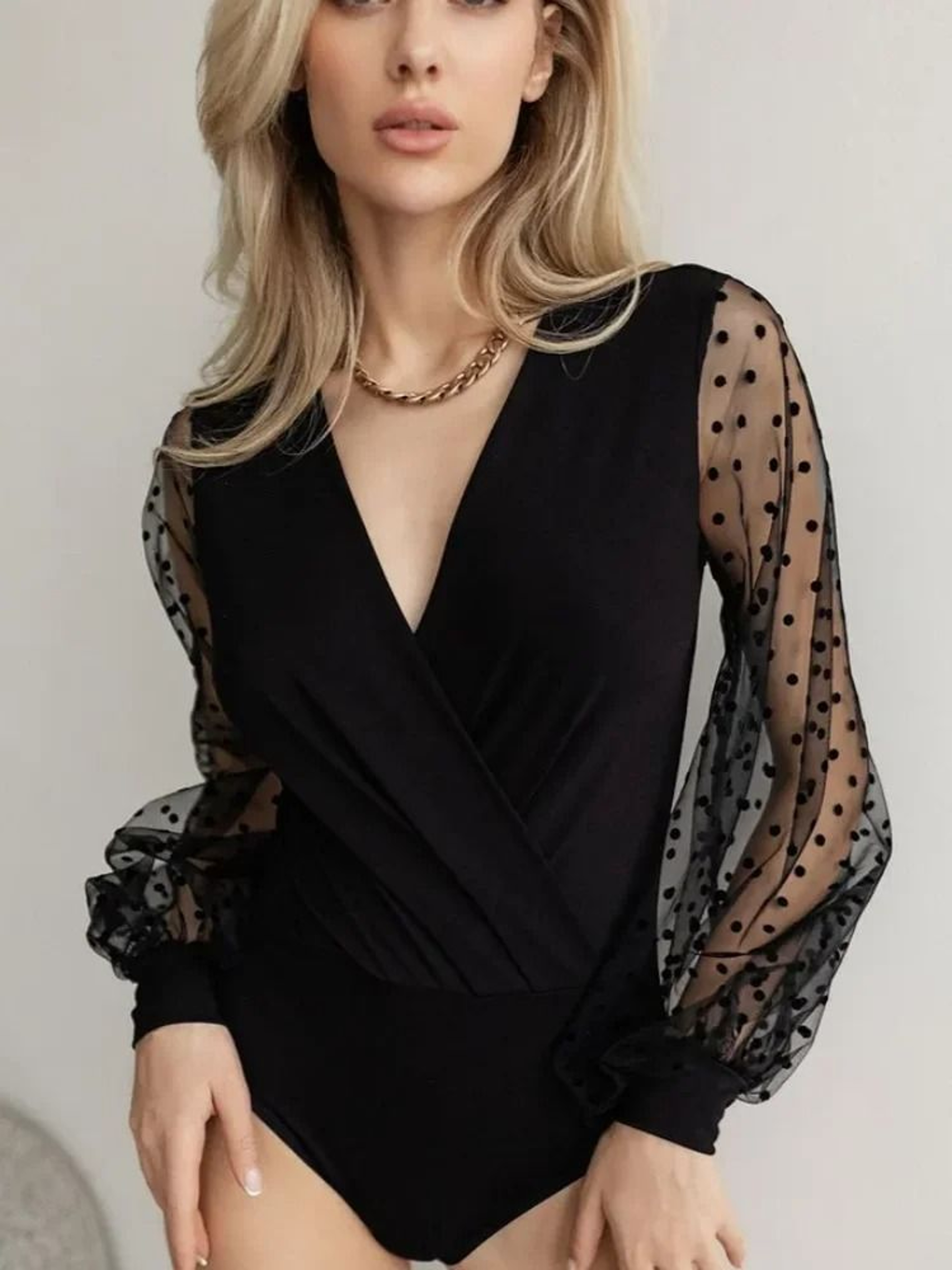 Womens Polka Dot Mesh Bodysuit  Premium Balloon Sleeve Crossover Collar  Elegant Stretch Tights 3