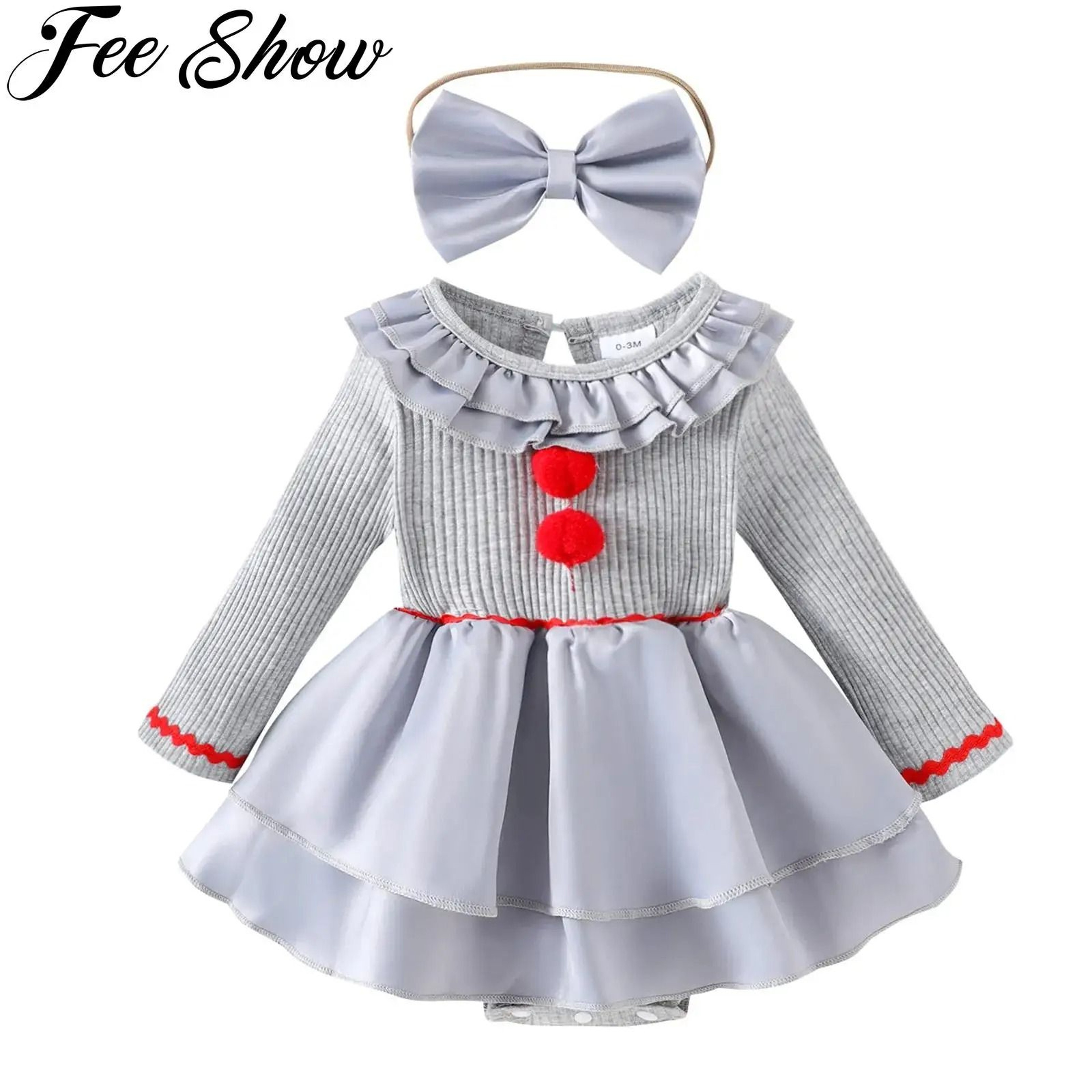 Baby Girl Creepy Clown Cosplay Costume  Premium Layered Gray Joker Dress Romper  Halloween Party Ou 0