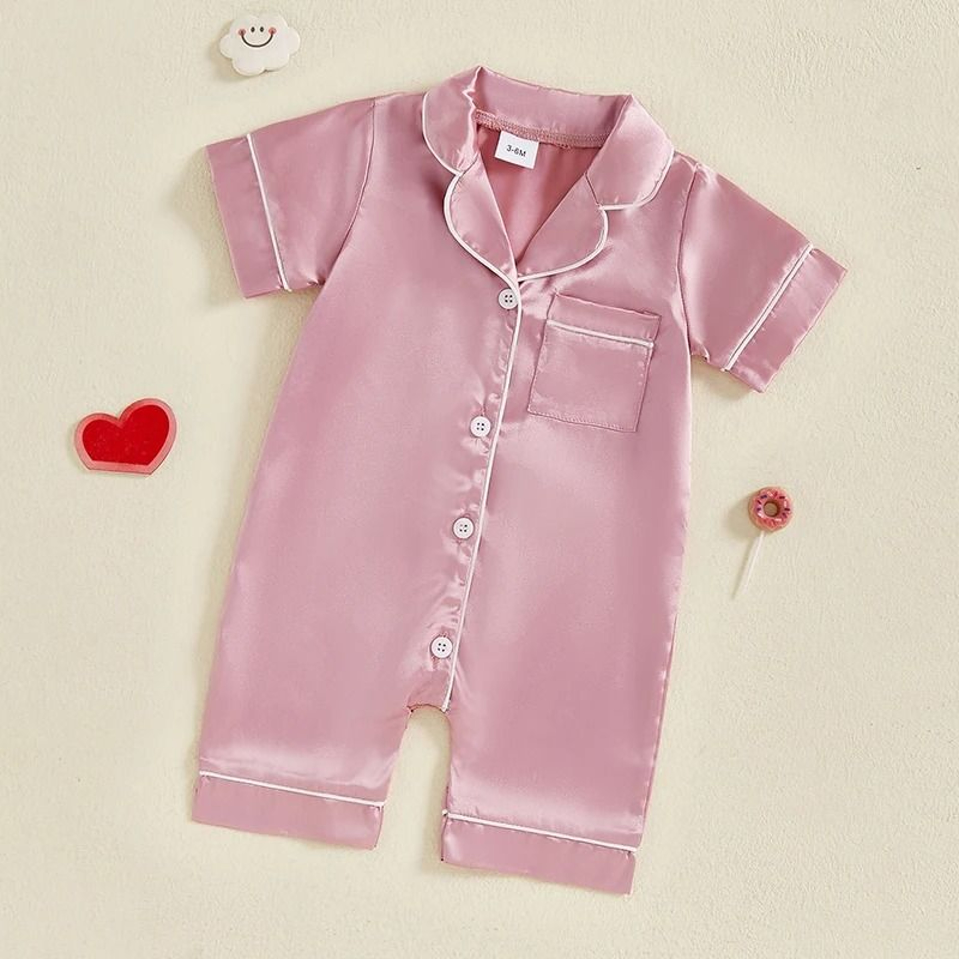 Pudcoco Baby Satin Pajama Jumpsuit  Premium ButtonUp Toddler Sleepwear  Cute Short Sleeve Romper 1