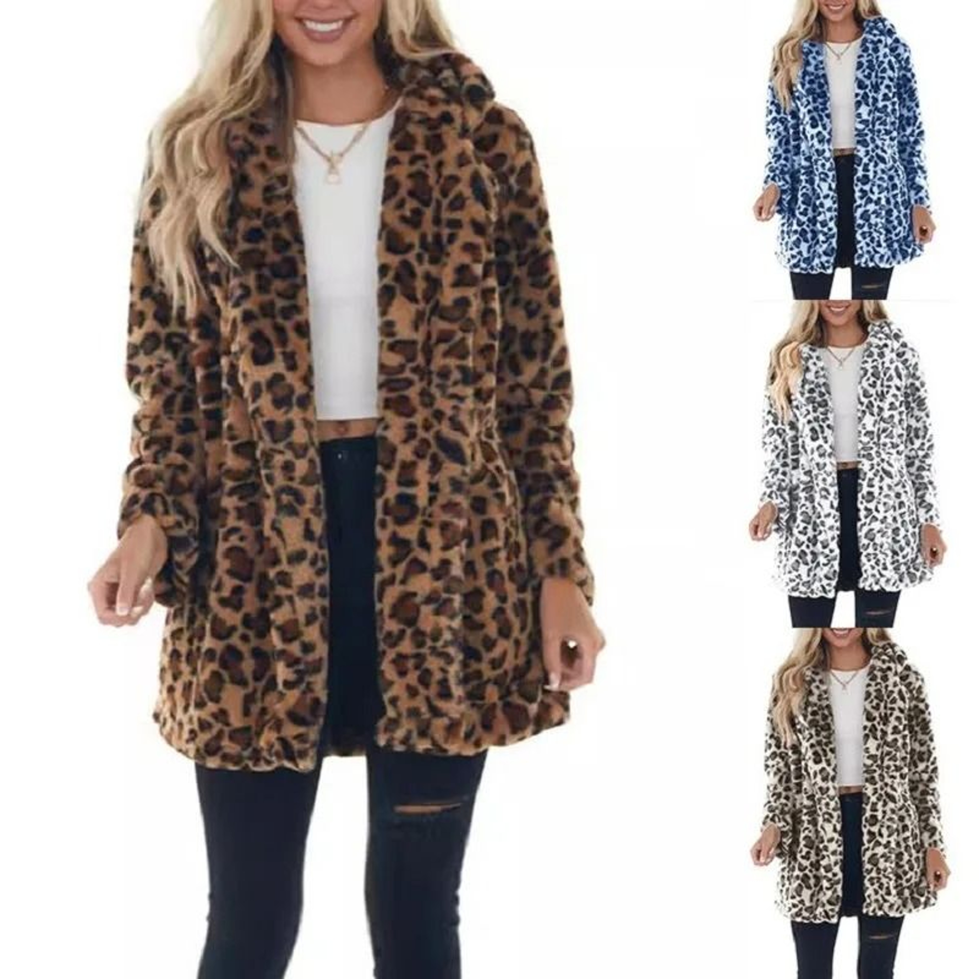 Womens Leopard Faux Fur Coat  Premium Winter Streetwear Overcoat  Casual TurnDown Collar Jacket 0