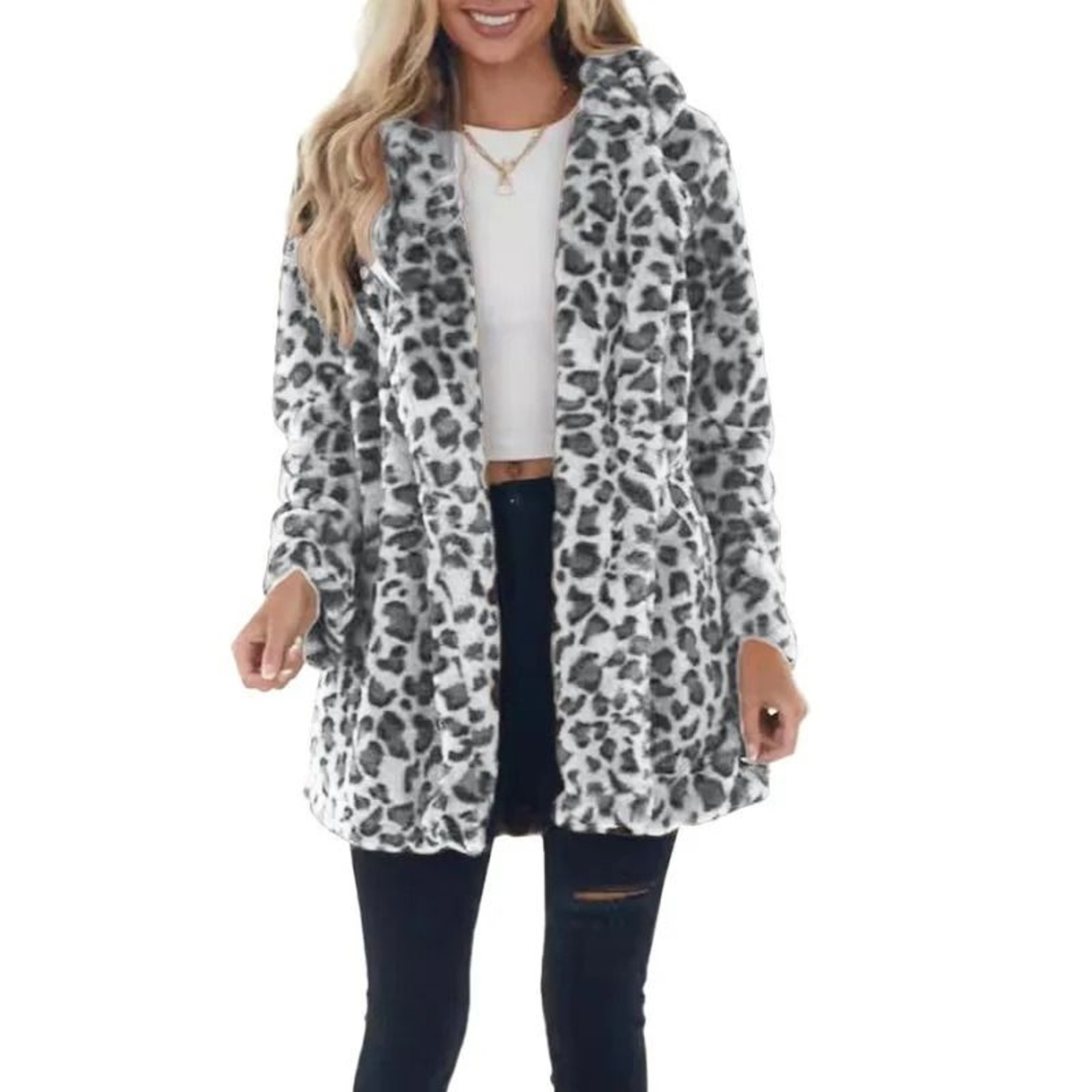 Womens Leopard Faux Fur Coat  Premium Winter Streetwear Overcoat  Casual TurnDown Collar Jacket 6