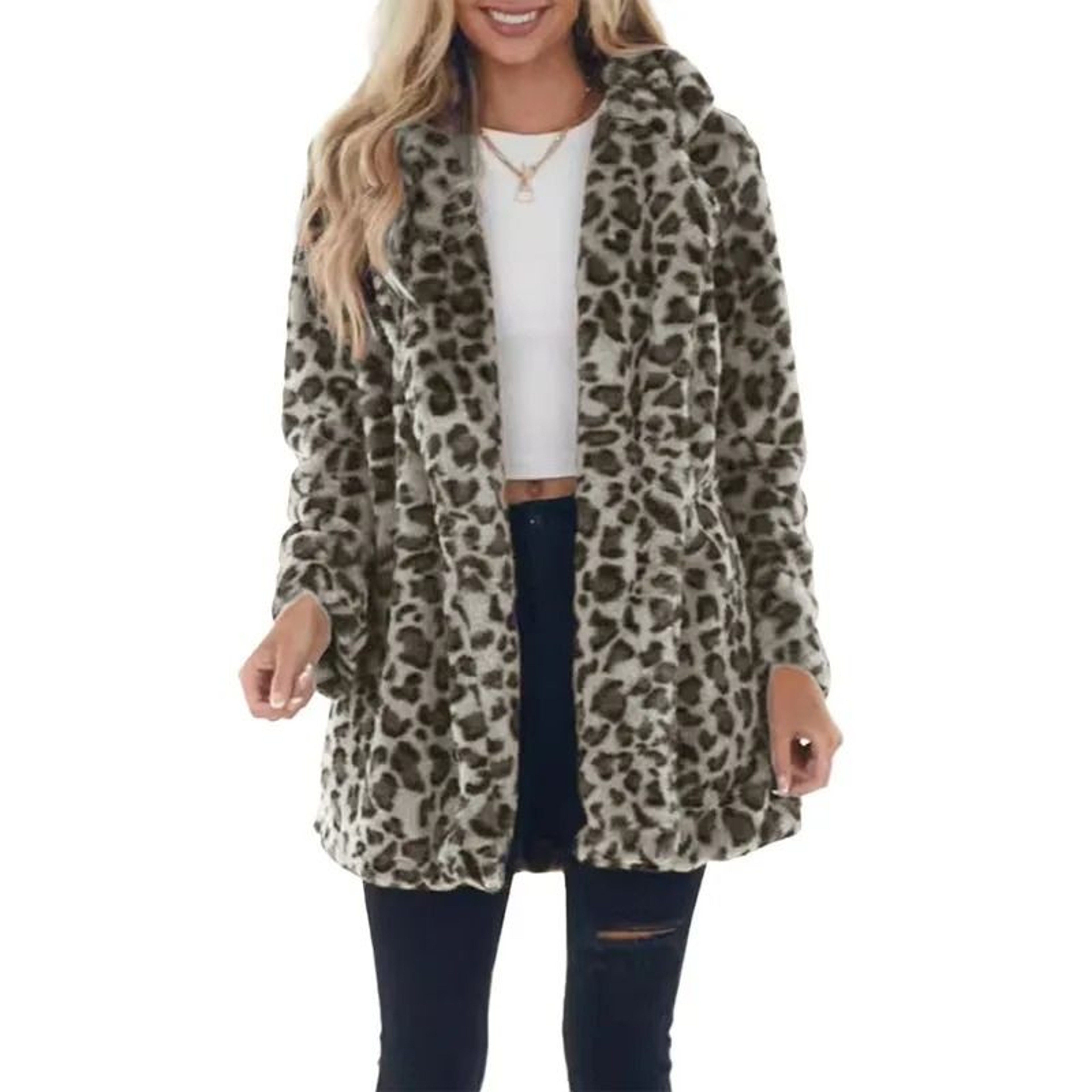 Womens Leopard Faux Fur Coat  Premium Winter Streetwear Overcoat  Casual TurnDown Collar Jacket 7