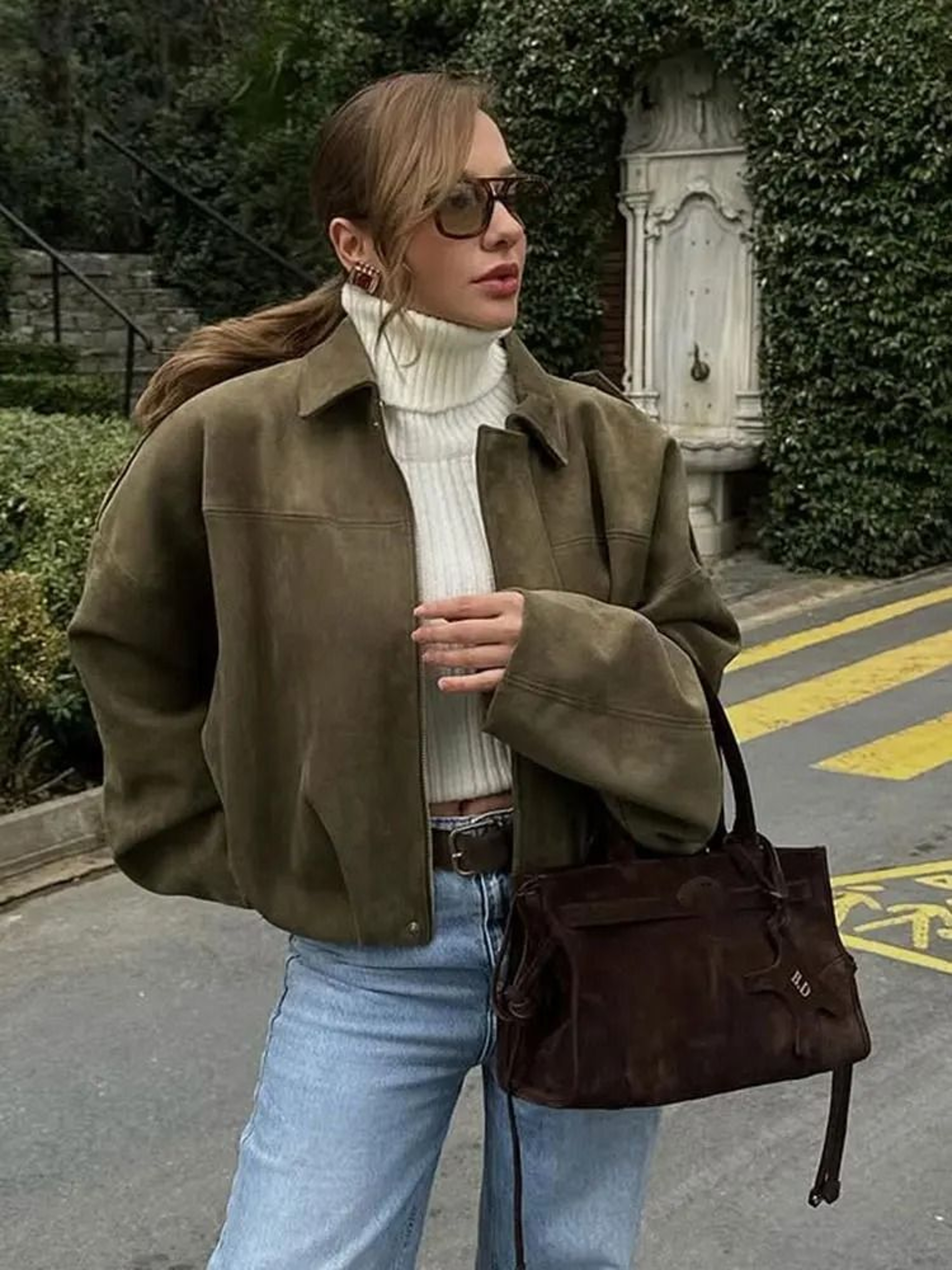 HH Womens Suede Bomber Jacket  Premium Loose Vintage Motorcycle Coat  Casual Lapel Zipper Outerwear 2