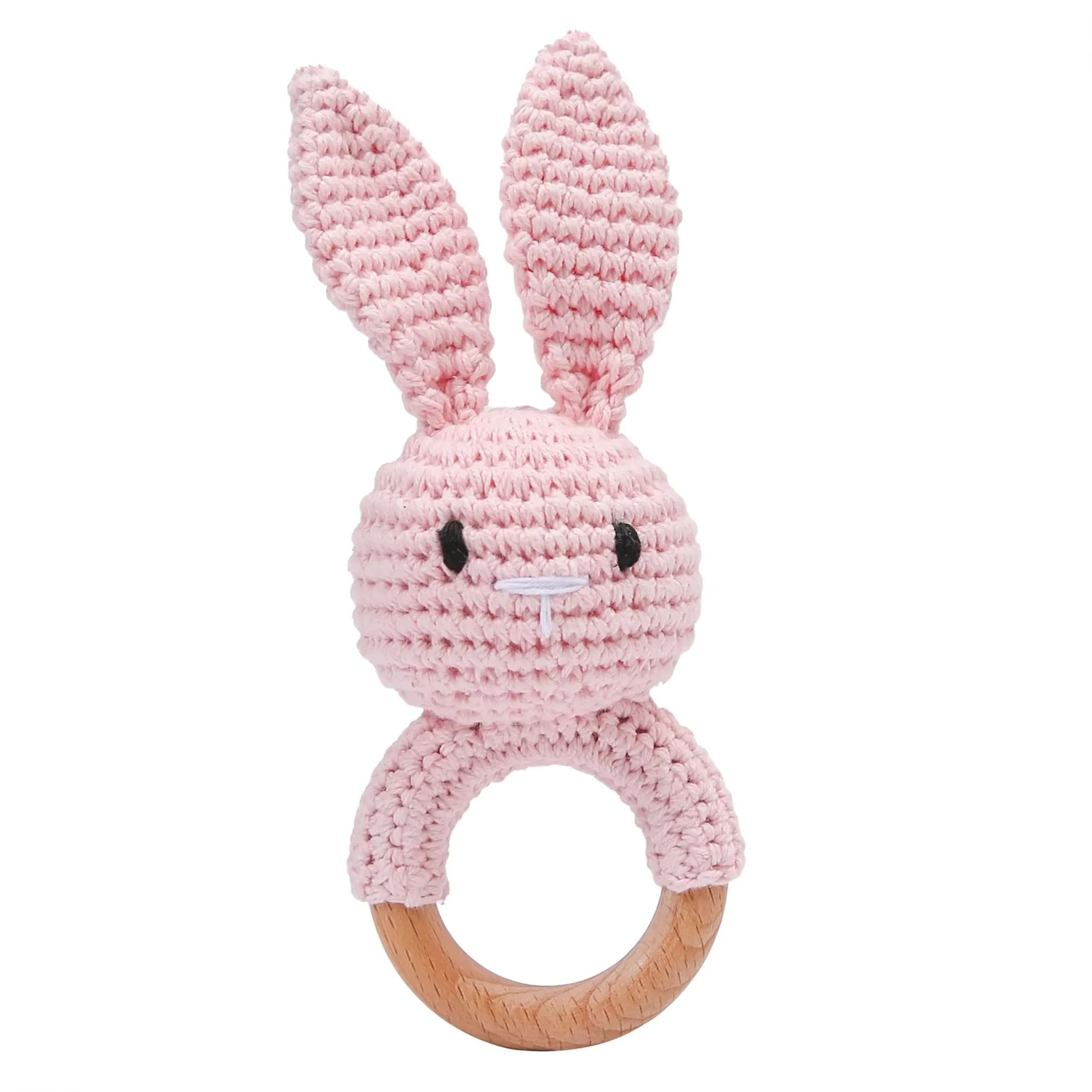 Baby Crochet Bunny Rattle  Wooden Teether  Newborn Educational Music Toy 10