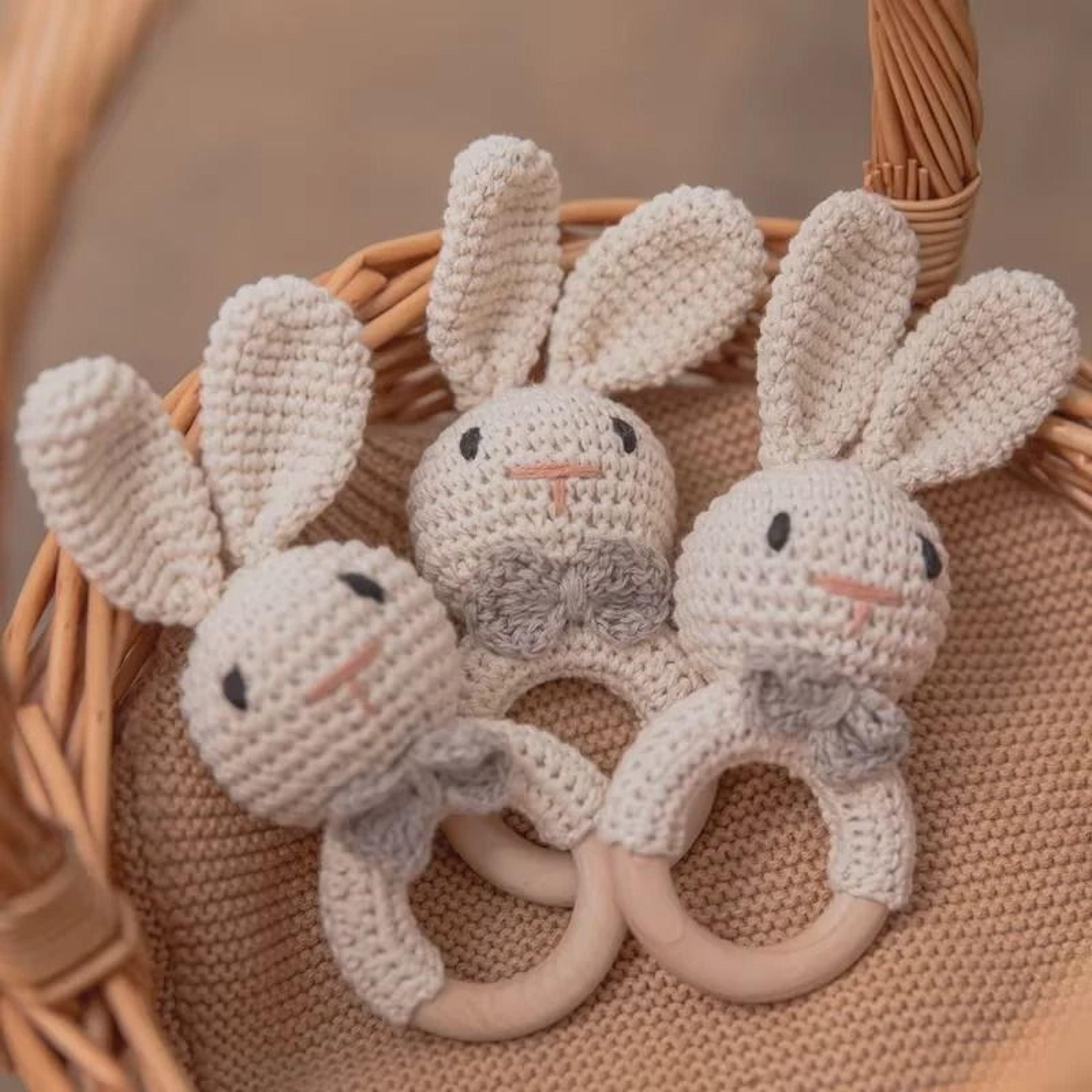 Baby Crochet Bunny Rattle  Wooden Teether  Newborn Educational Music Toy 1