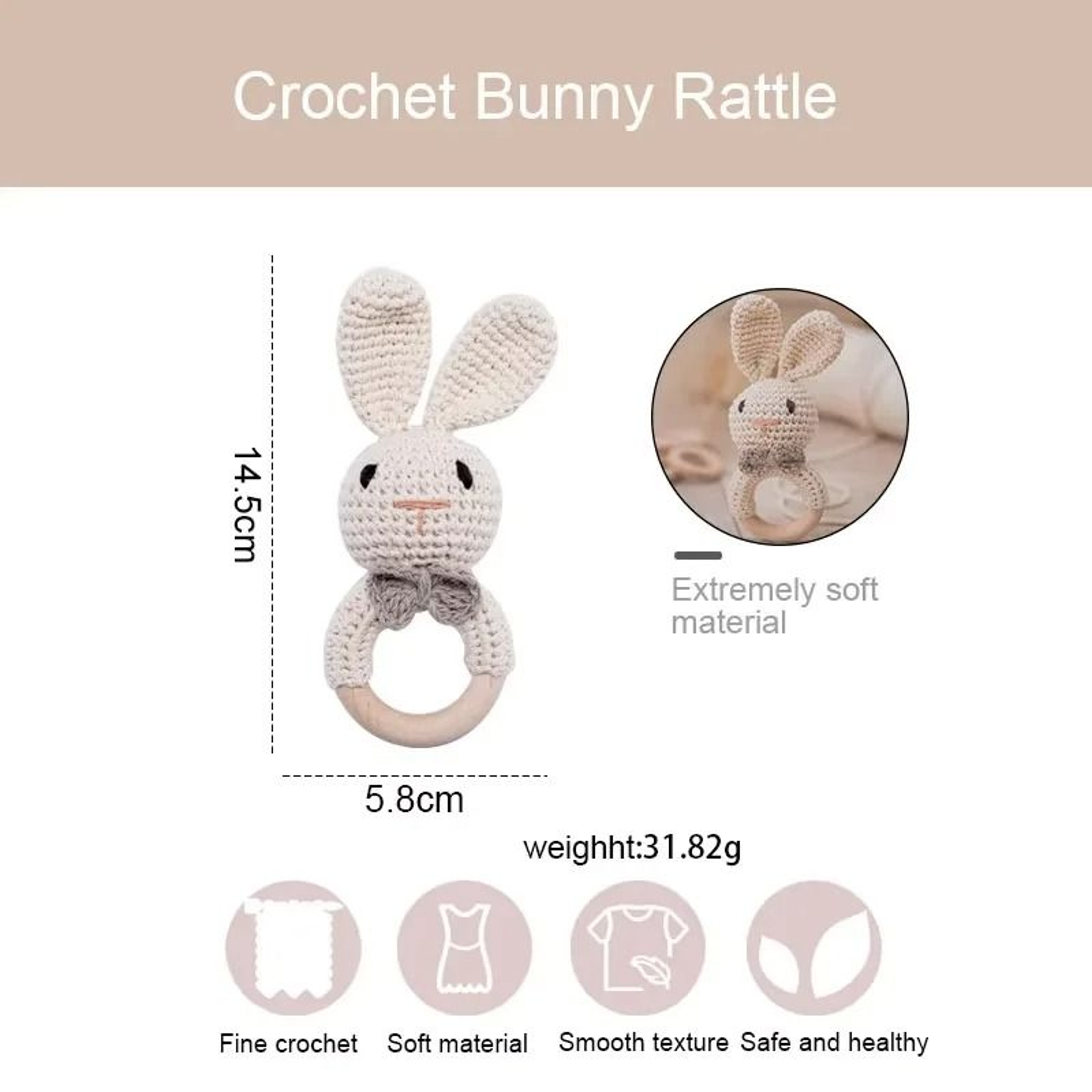 Baby Crochet Bunny Rattle  Wooden Teether  Newborn Educational Music Toy 5