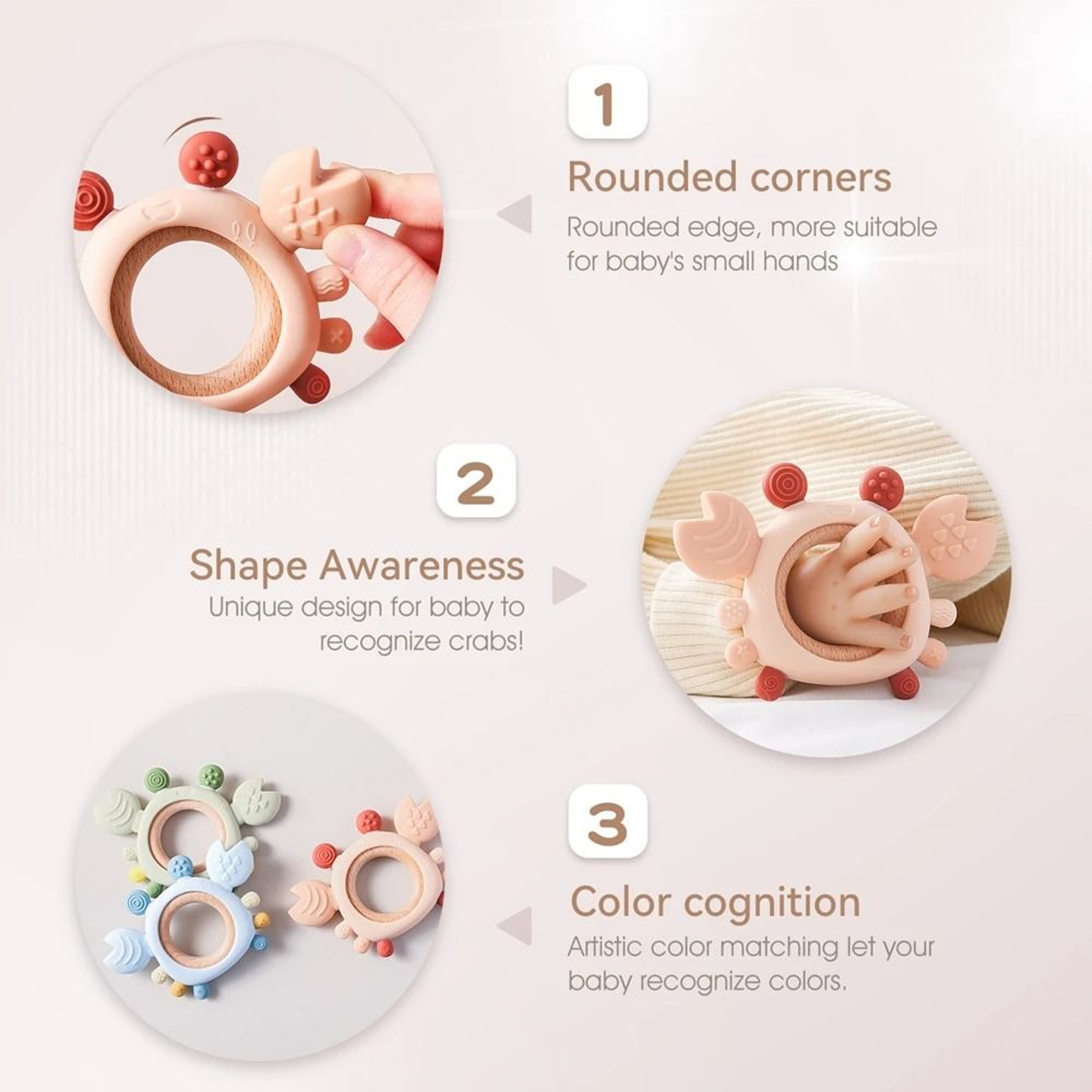 Silicone Crab Baby Teether With Natural Wooden Ring  BPAFree Molar Toy 3