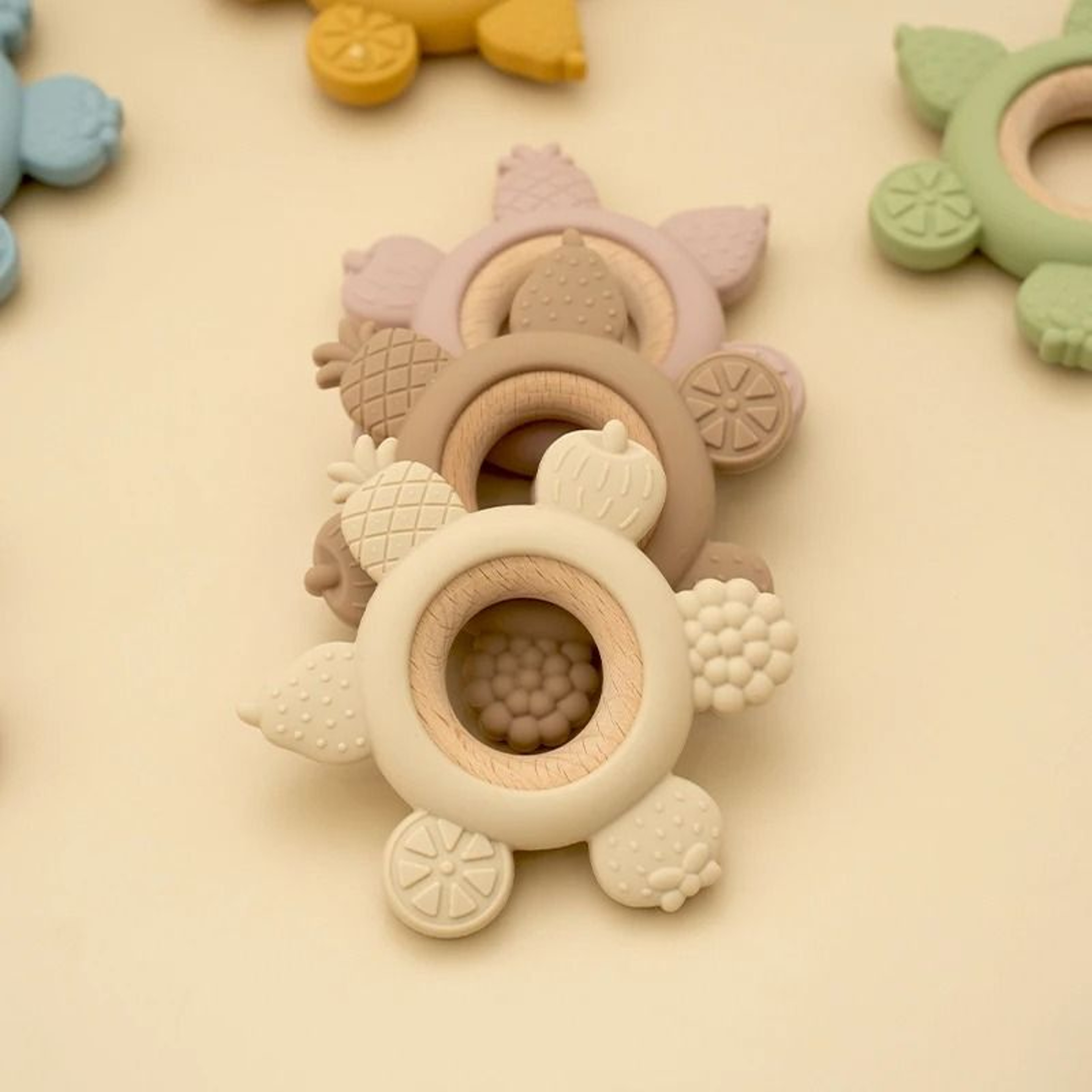FruitTheme Silicone  Wooden Baby Teether  BPAFree Infant Chewing Toy 1