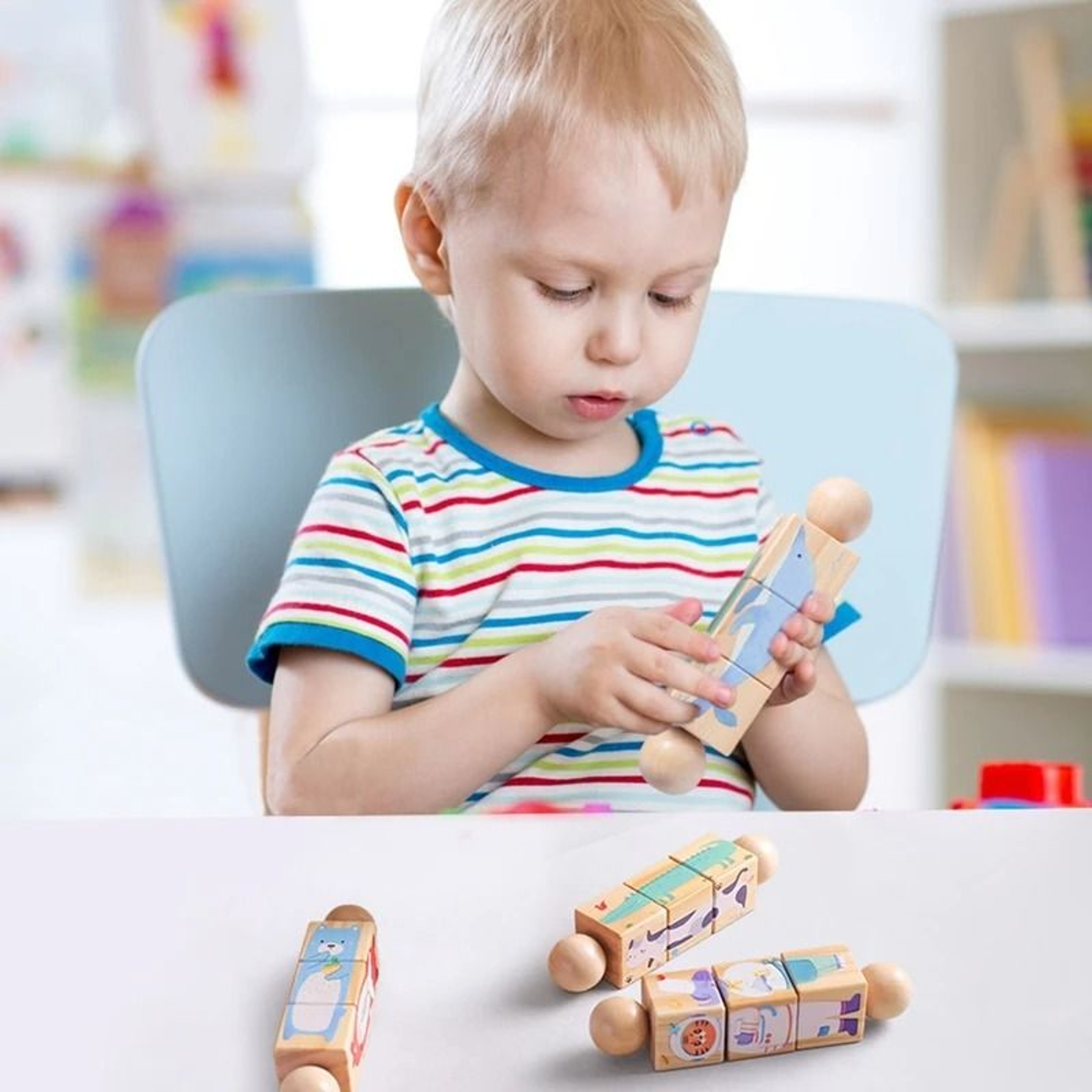 Rotating Wooden Baby Rattle  Animal Matching Block  Montessori Newborn Toy 4
