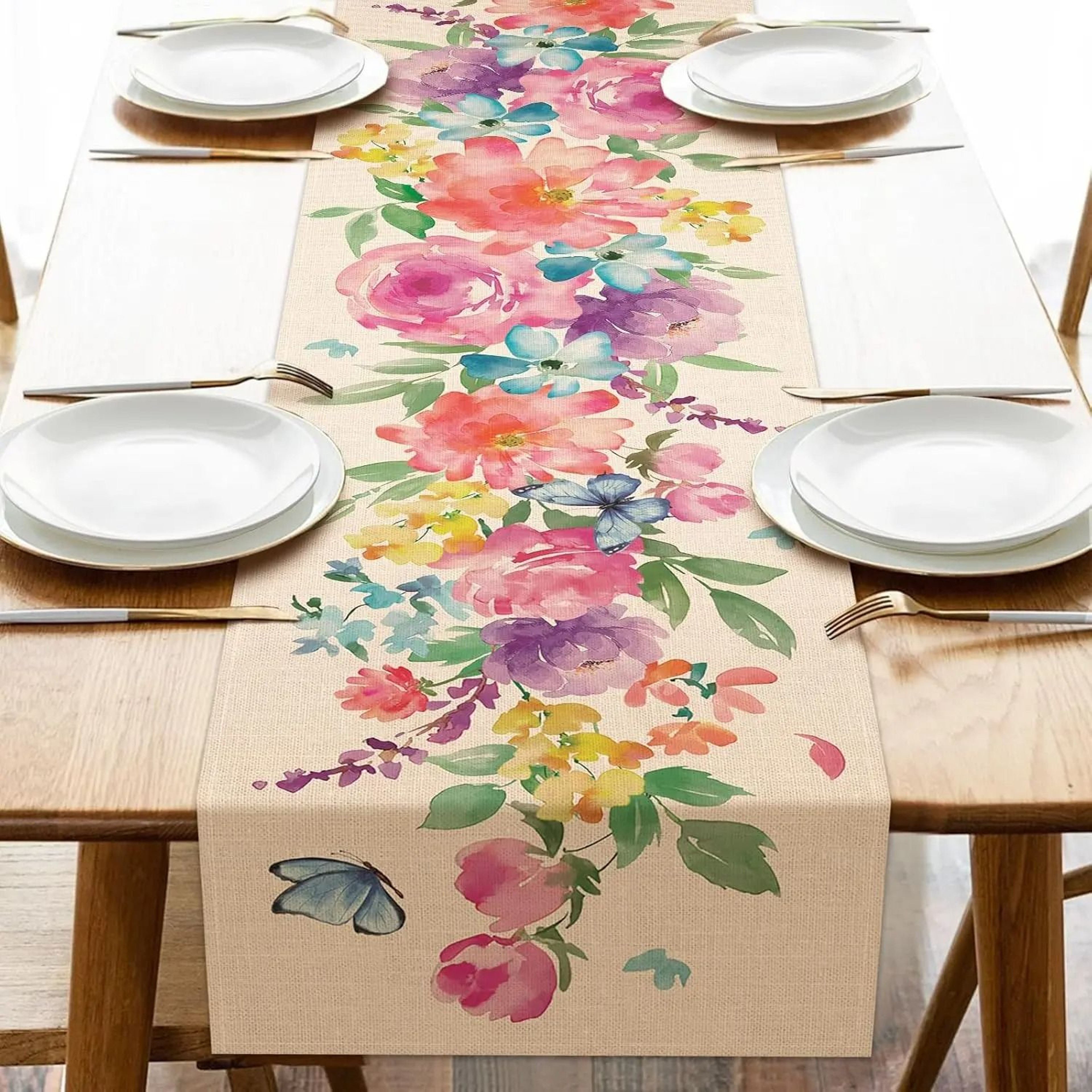 Spring Watercolor Floral Linen Table Runner 5