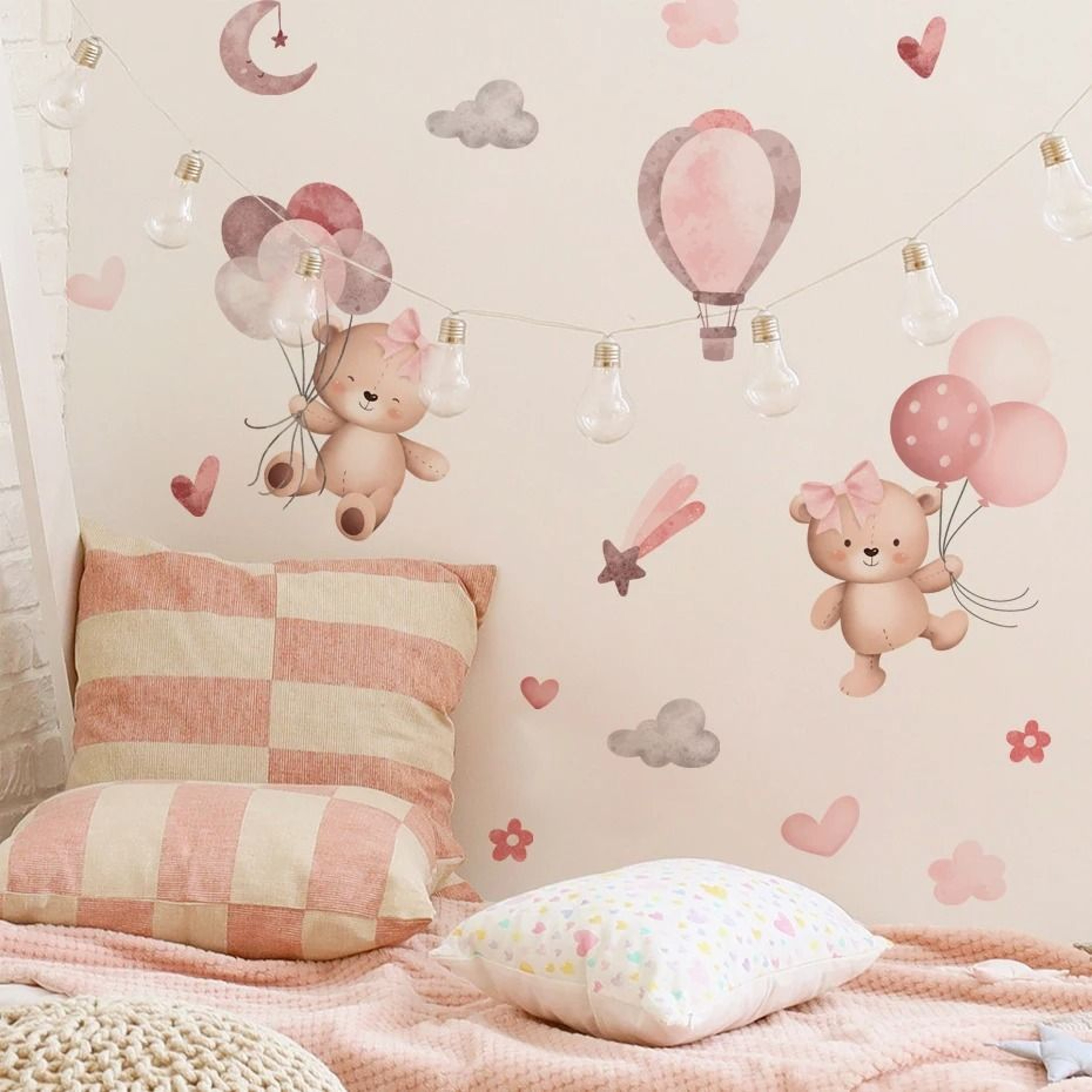 Pink Cartoon Bear With Floating Balloons Wall Stickers For Kids  Nursery 1