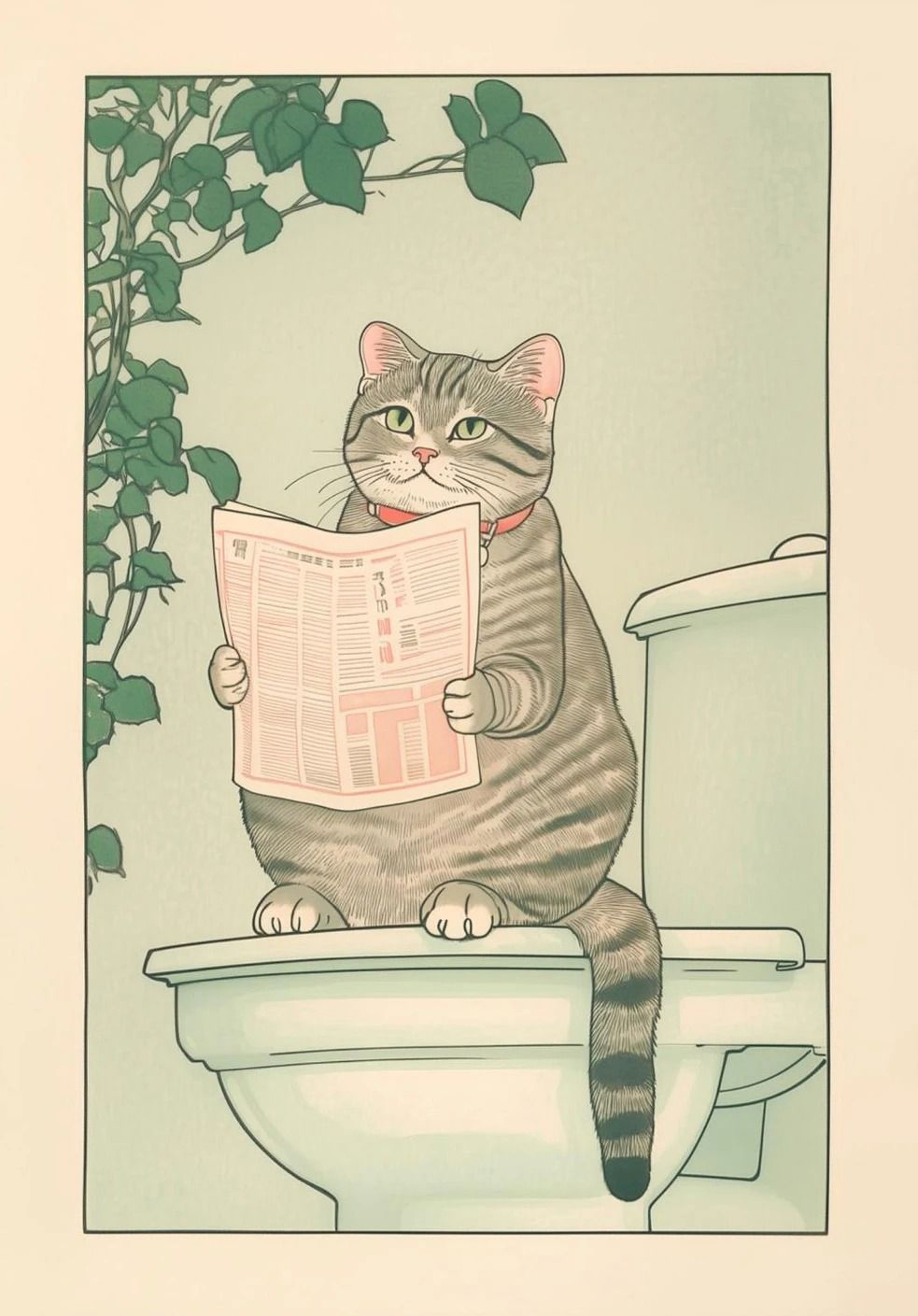 Japanese Tabby Cat In Bathtub Canvas Art  Retro Japandi Bathroom Poster 20