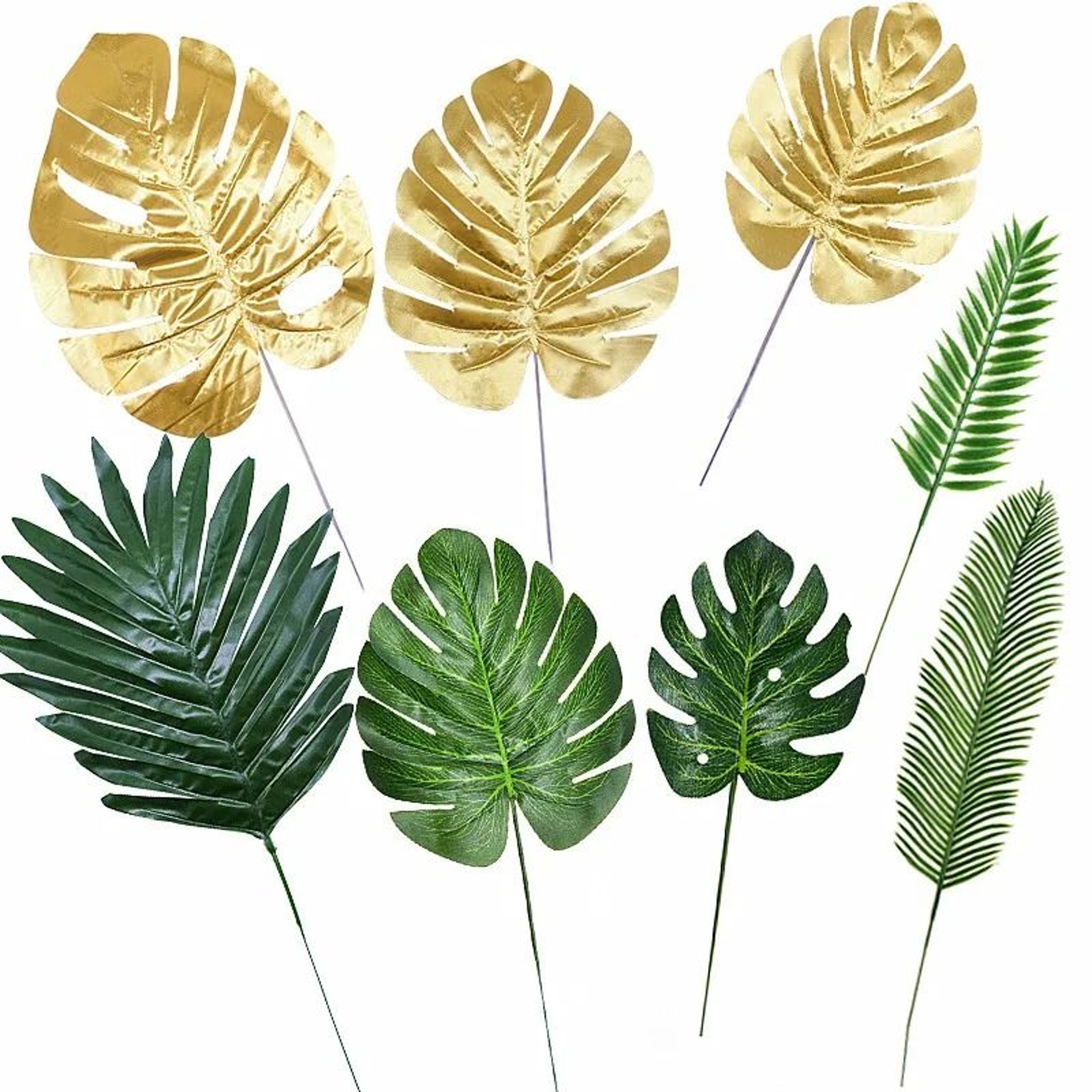 Artificial Monstera  Palm Leaves Set  Gold  Green Silk Tropical Foliage 0