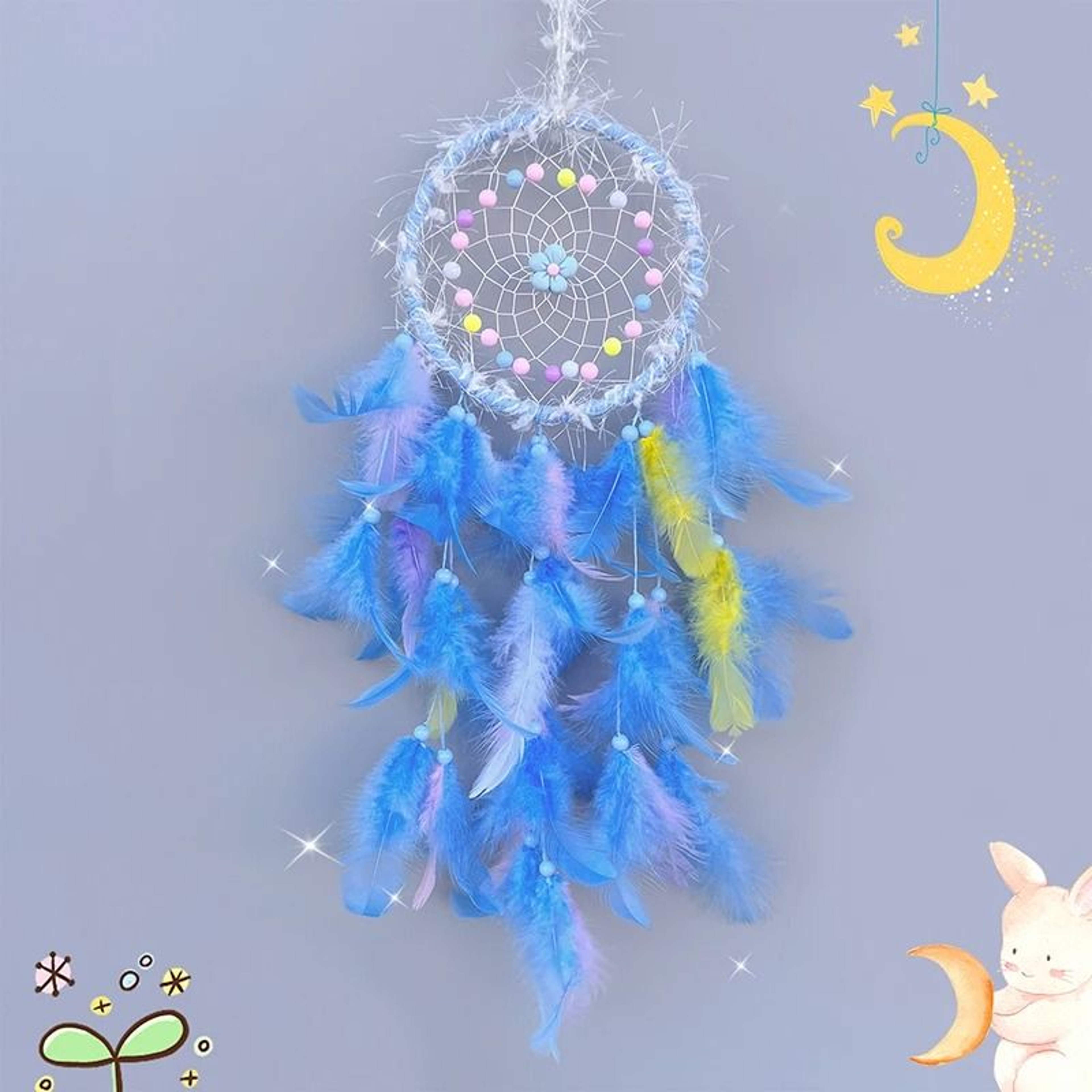 Cream Flower Dream Catcher  Handmade Feather Wind Chimes  Pastel Wall Pendant 7