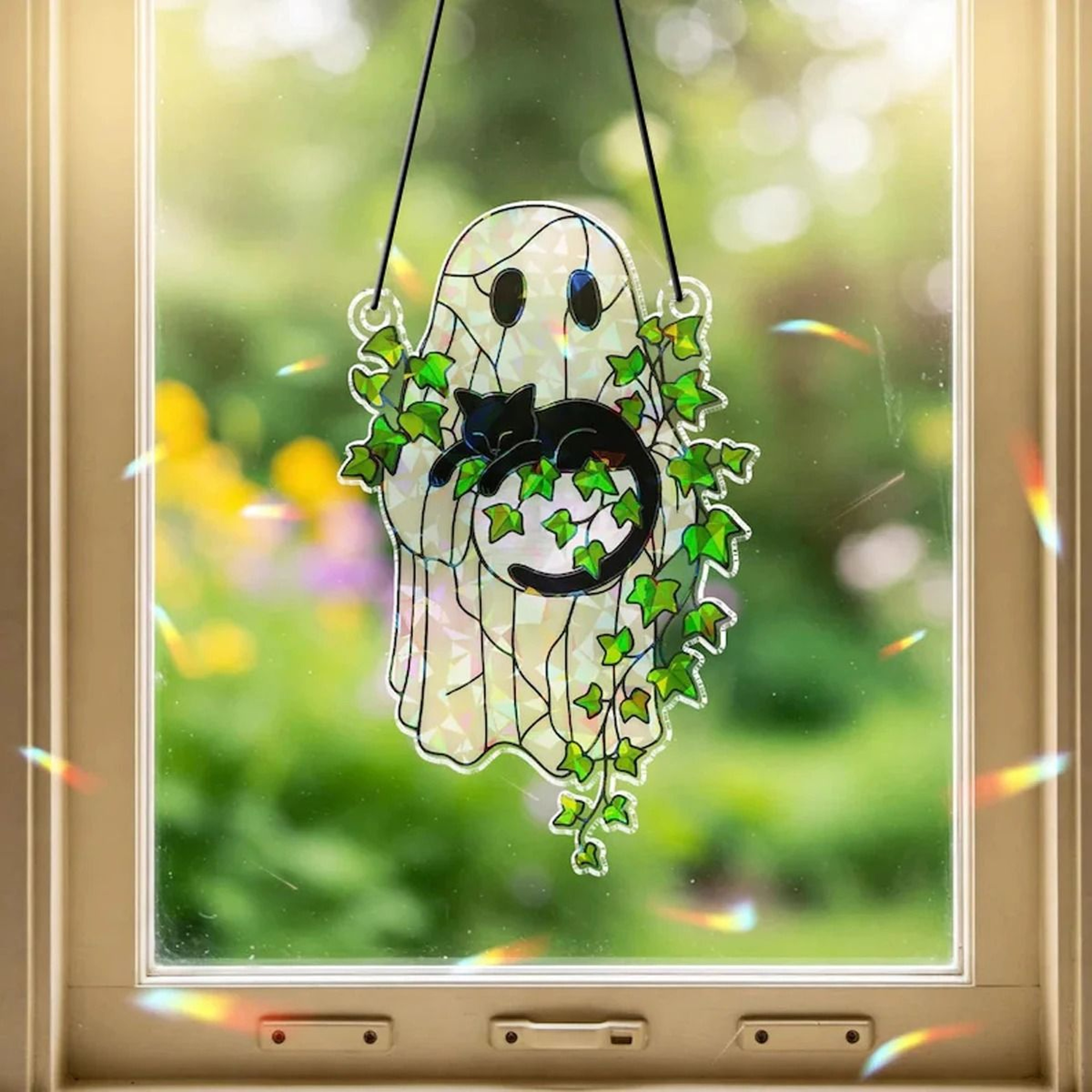 Halloween Ghost  Black Cat Acrylic Suncatcher  Spooky Window Hanging Decor 2