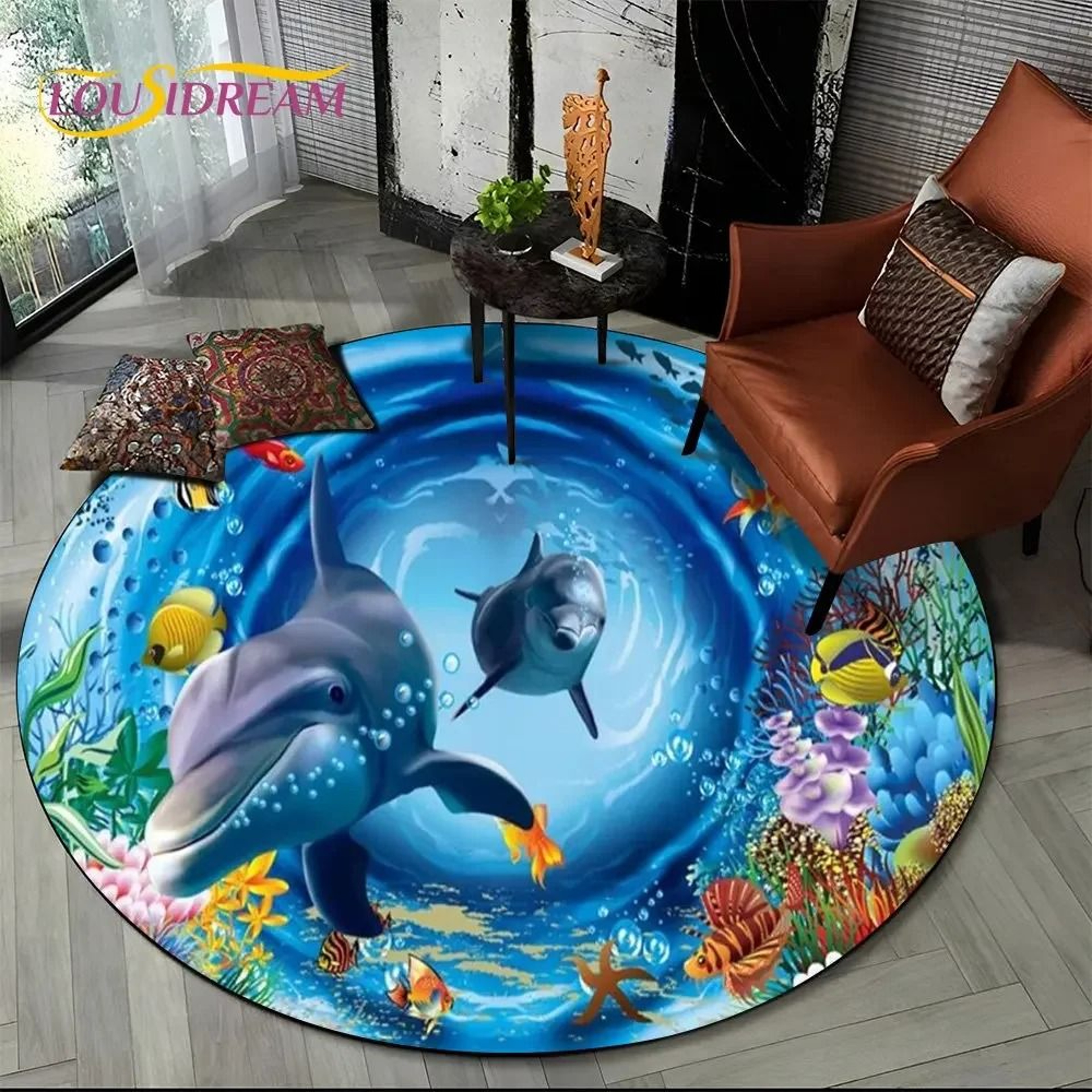 3D Seabed Illusion Dolphin Round Rug  Underwater World NonSlip Floor Mat 16