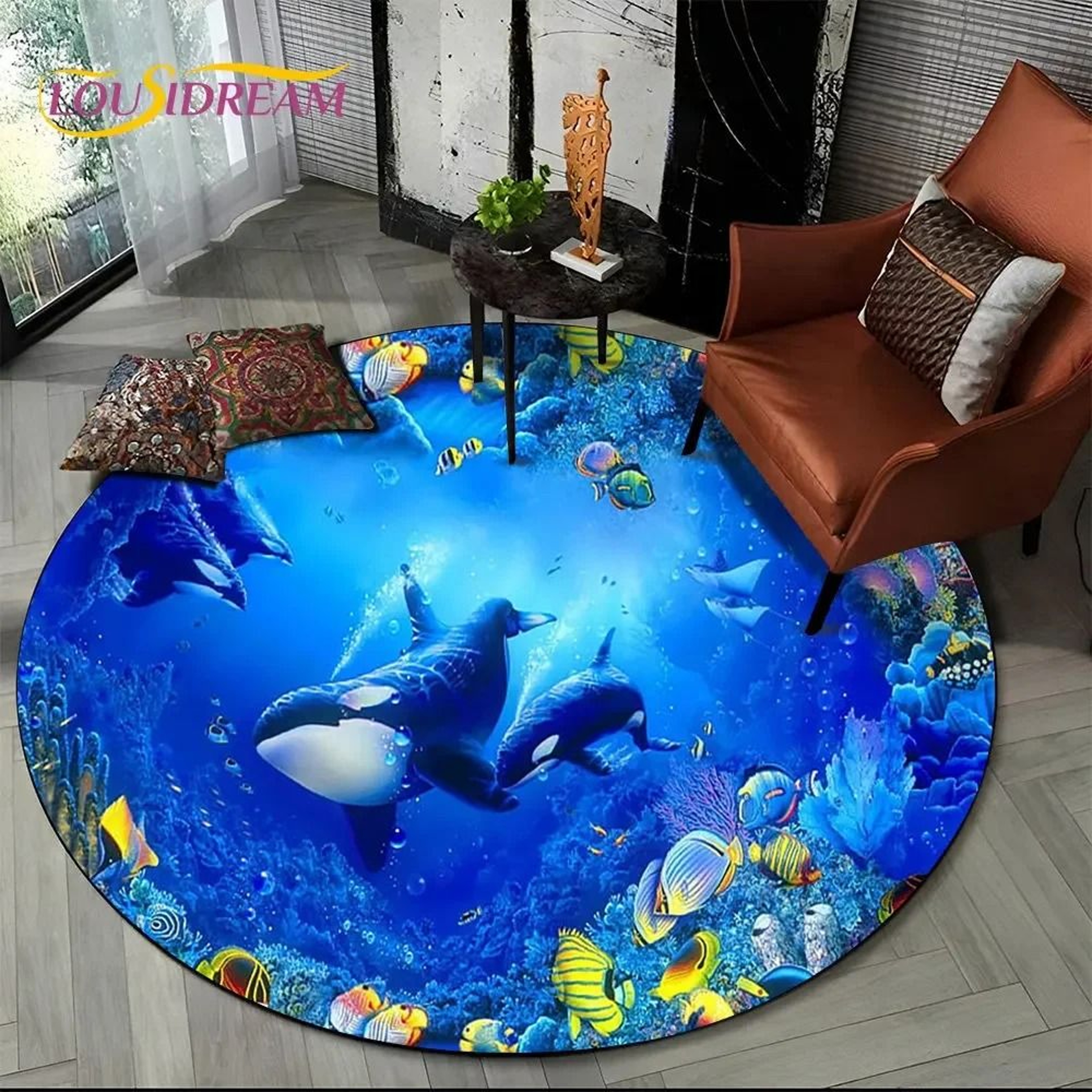 3D Seabed Illusion Dolphin Round Rug  Underwater World NonSlip Floor Mat 22