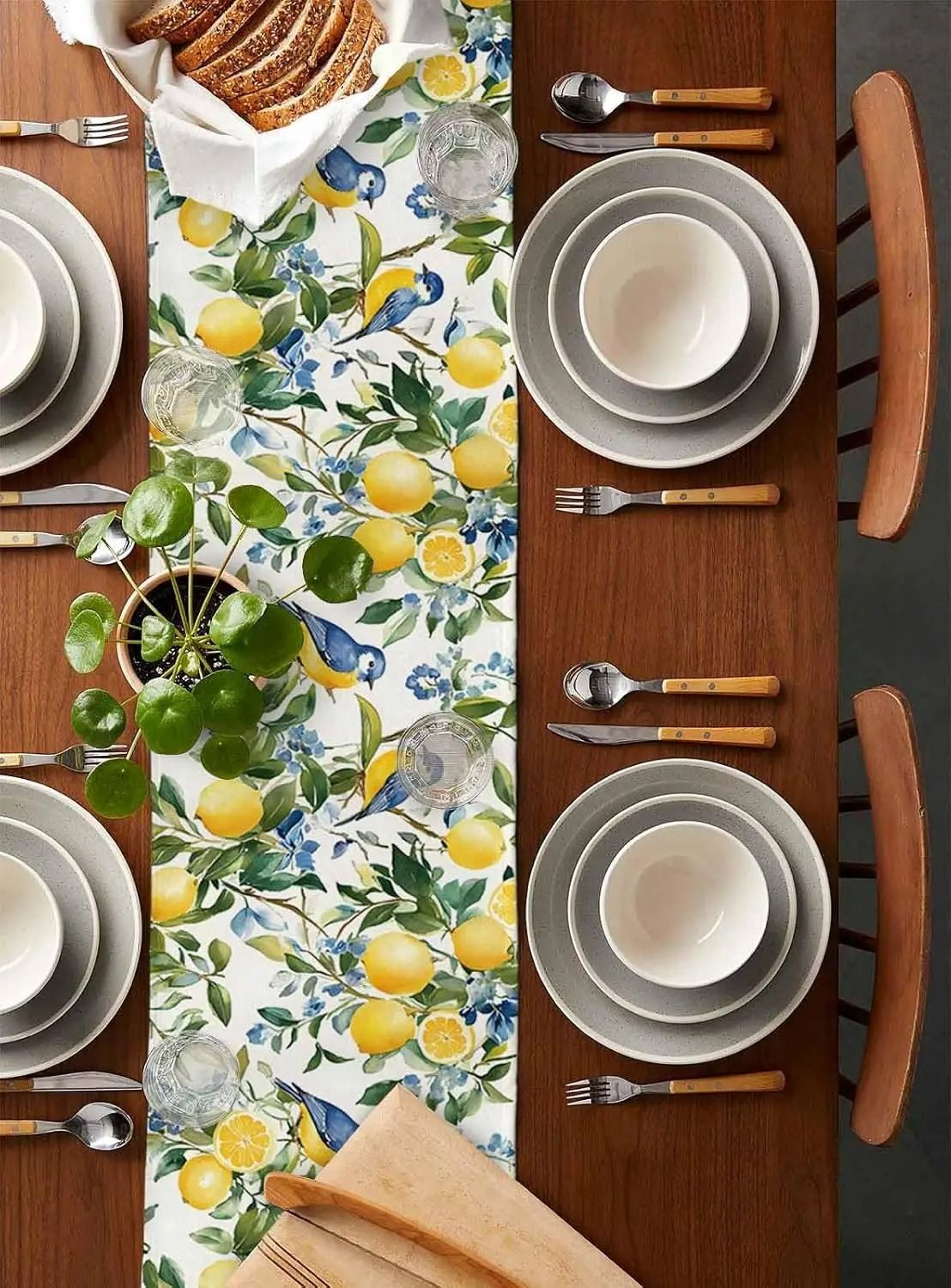 Lemon Tree  Blue Birds Linen Table Runner  Vintage Watercolor Fruit Dresser Scarf 2