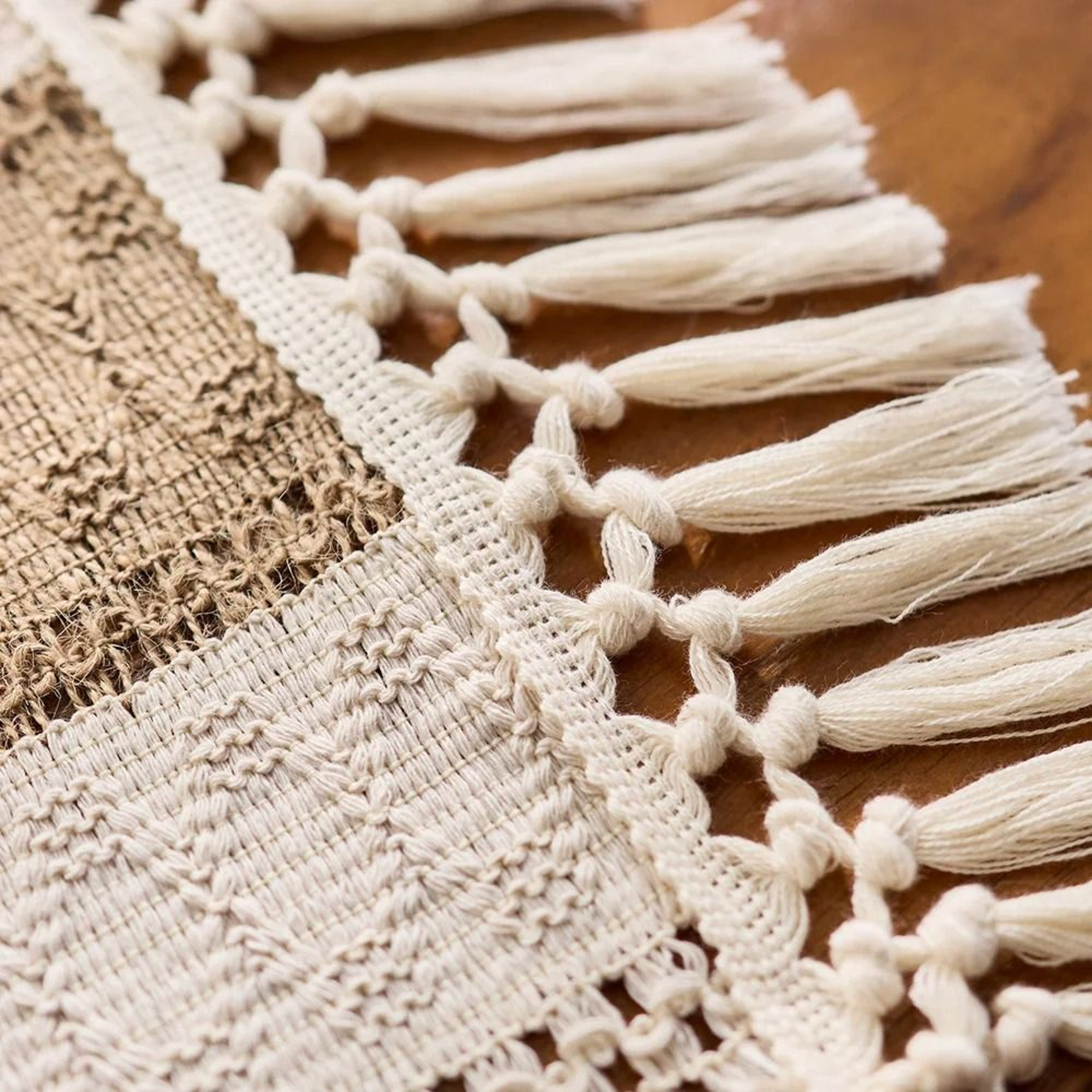Boho Macrame Table Runner  Cream  Brown Farmhouse Decor With Tassels 4