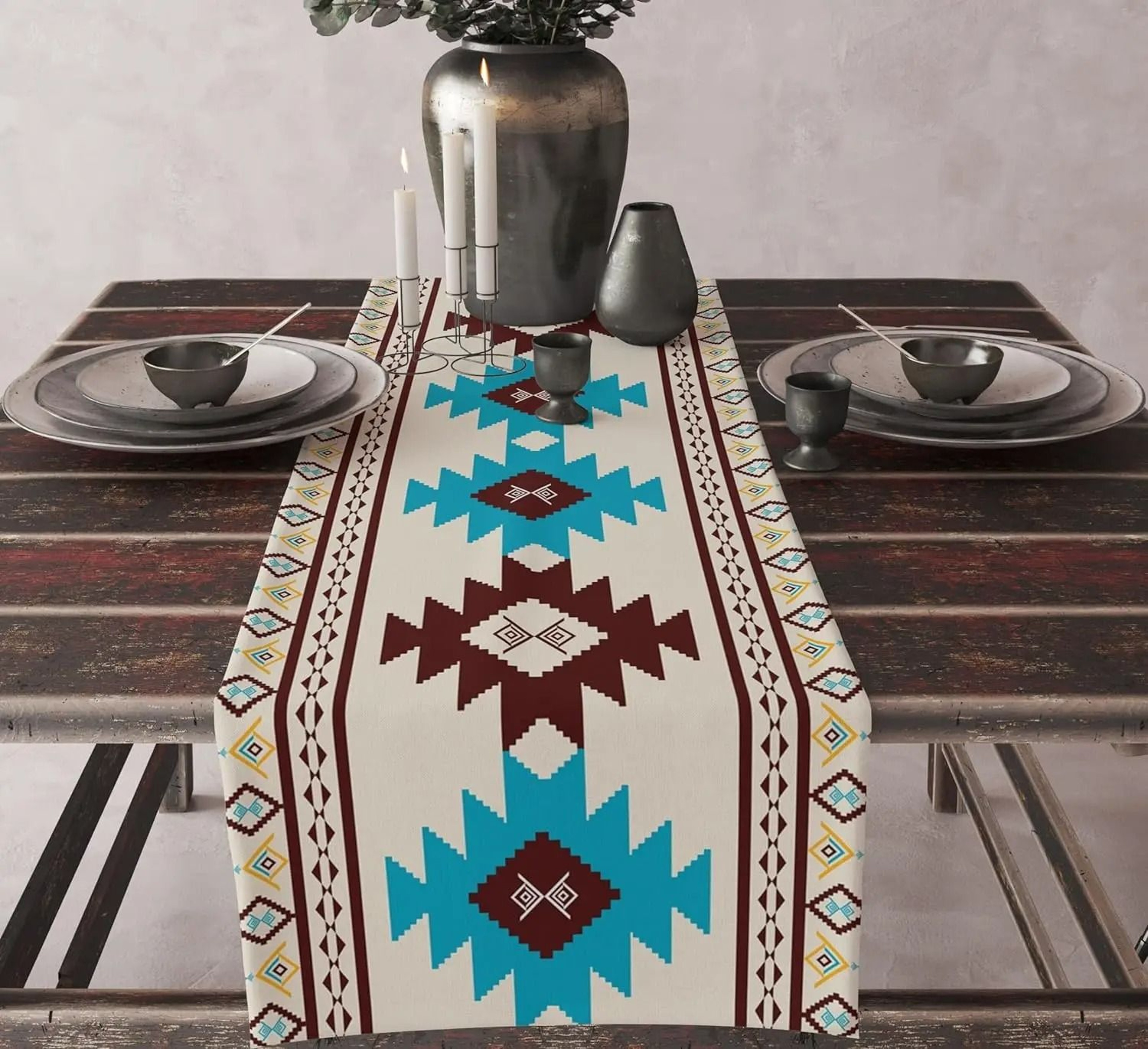 Aztec Ethnic Tribal Table Runner  Boho Geometric Linen Kitchen Decor 0