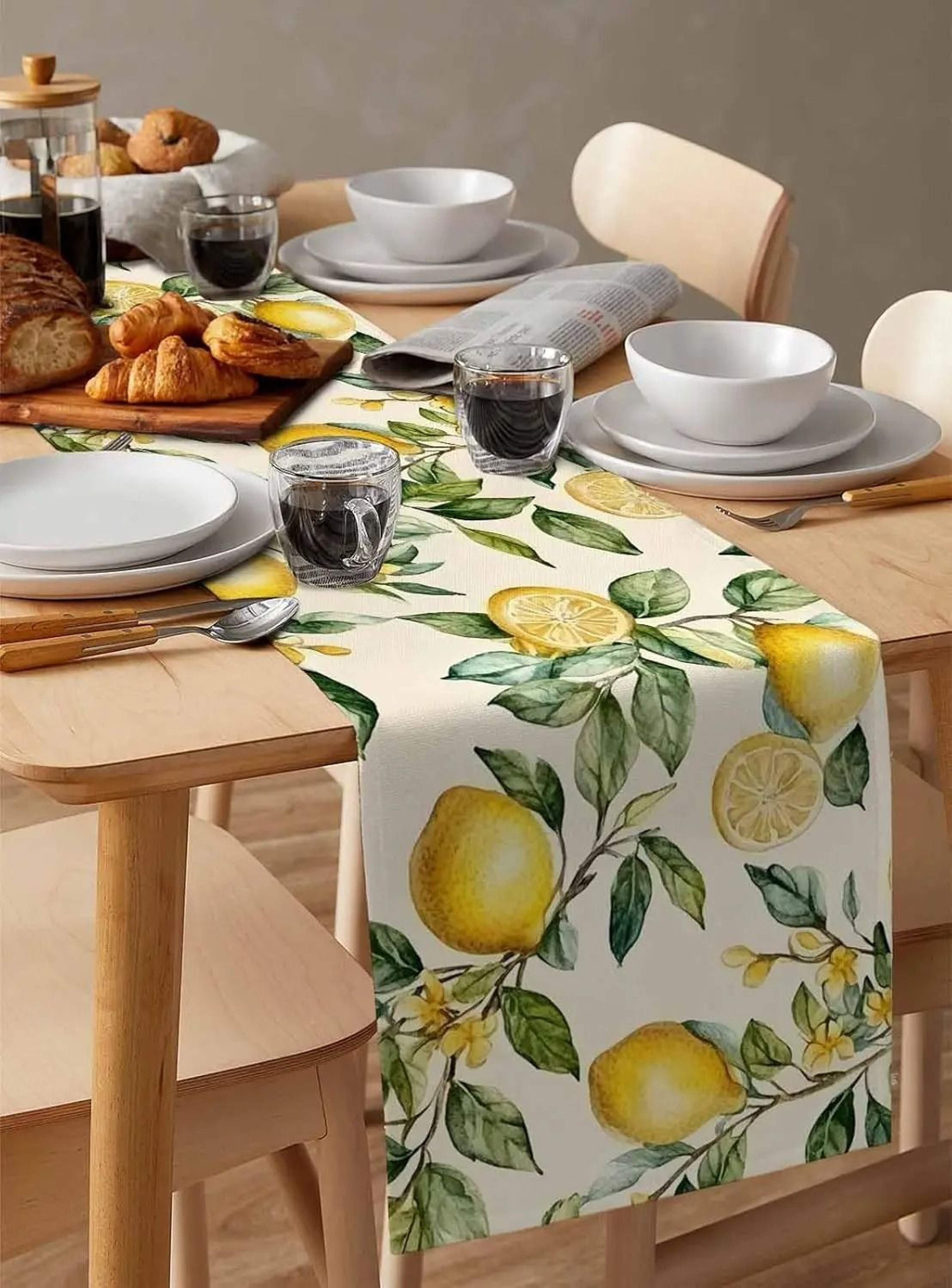 Watercolor Lemon Linen Table Runner  Summer Green Leaf Kitchen Decor  Dresser Scarf 4