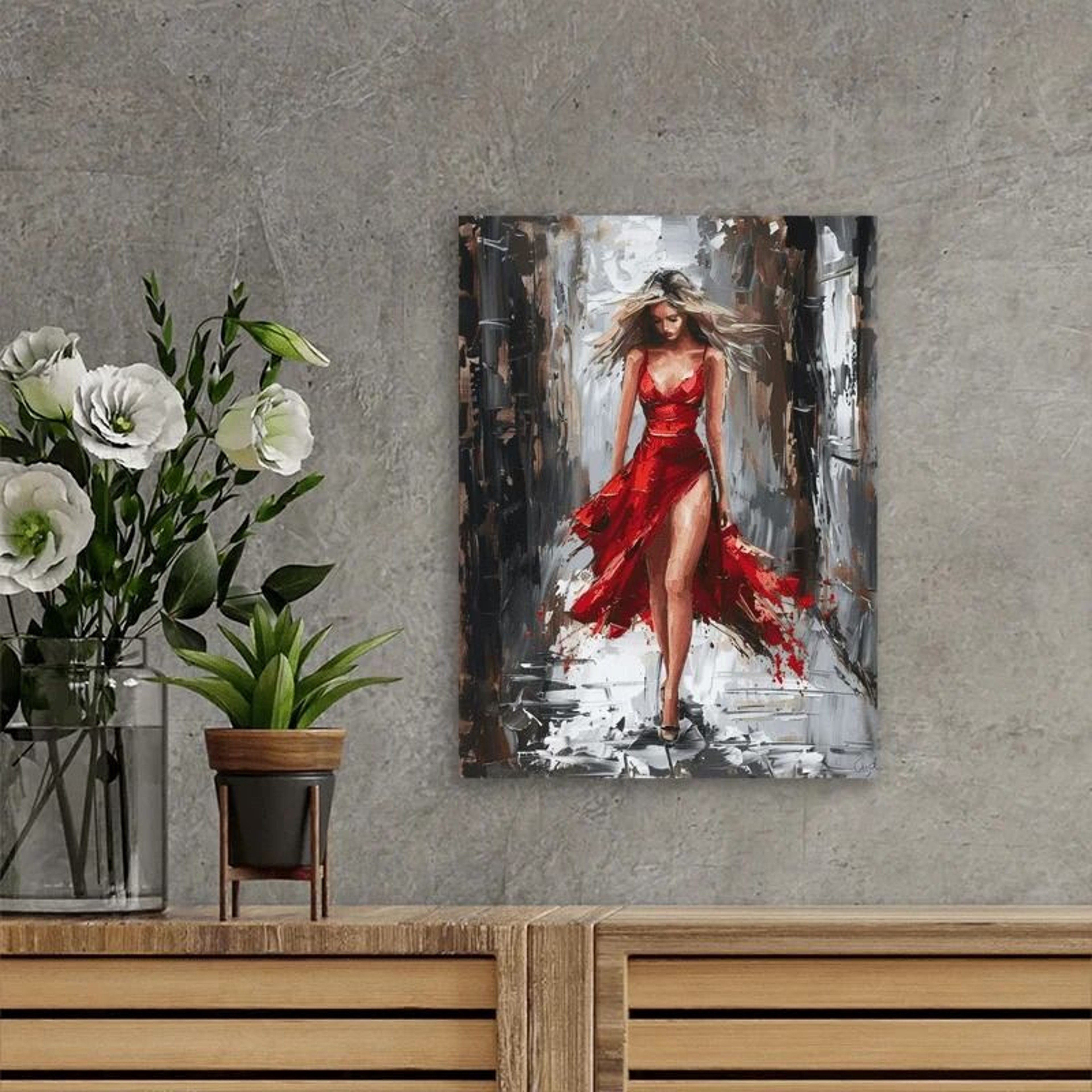Elegant Woman In Red Dress Framed Art  Vibrant Oil Painting Canvas Wall Decor 3
