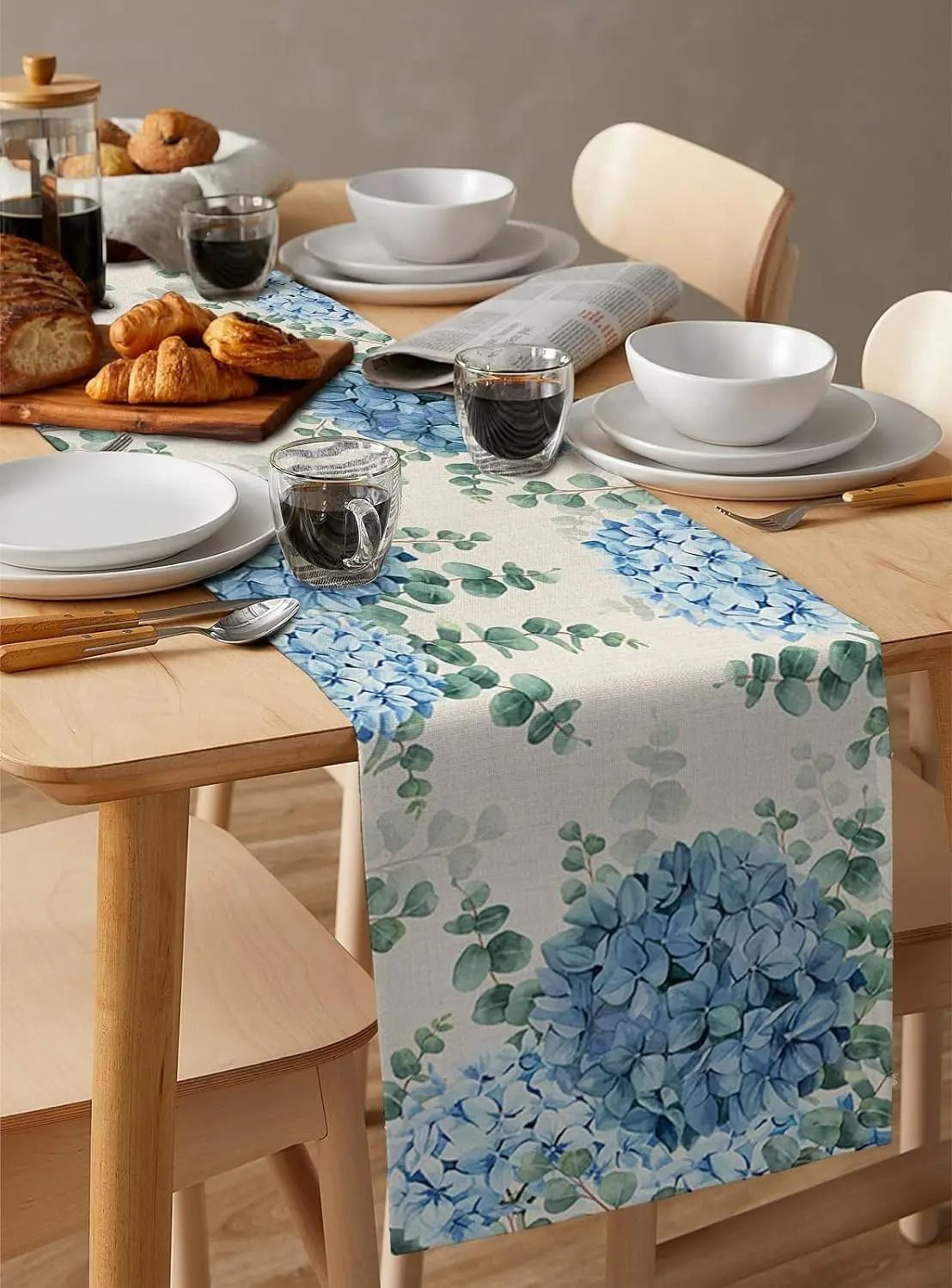 Blue Hydrangea  Eucalyptus Table Runner  Coastal Farmhouse Linen Dining Decor 2