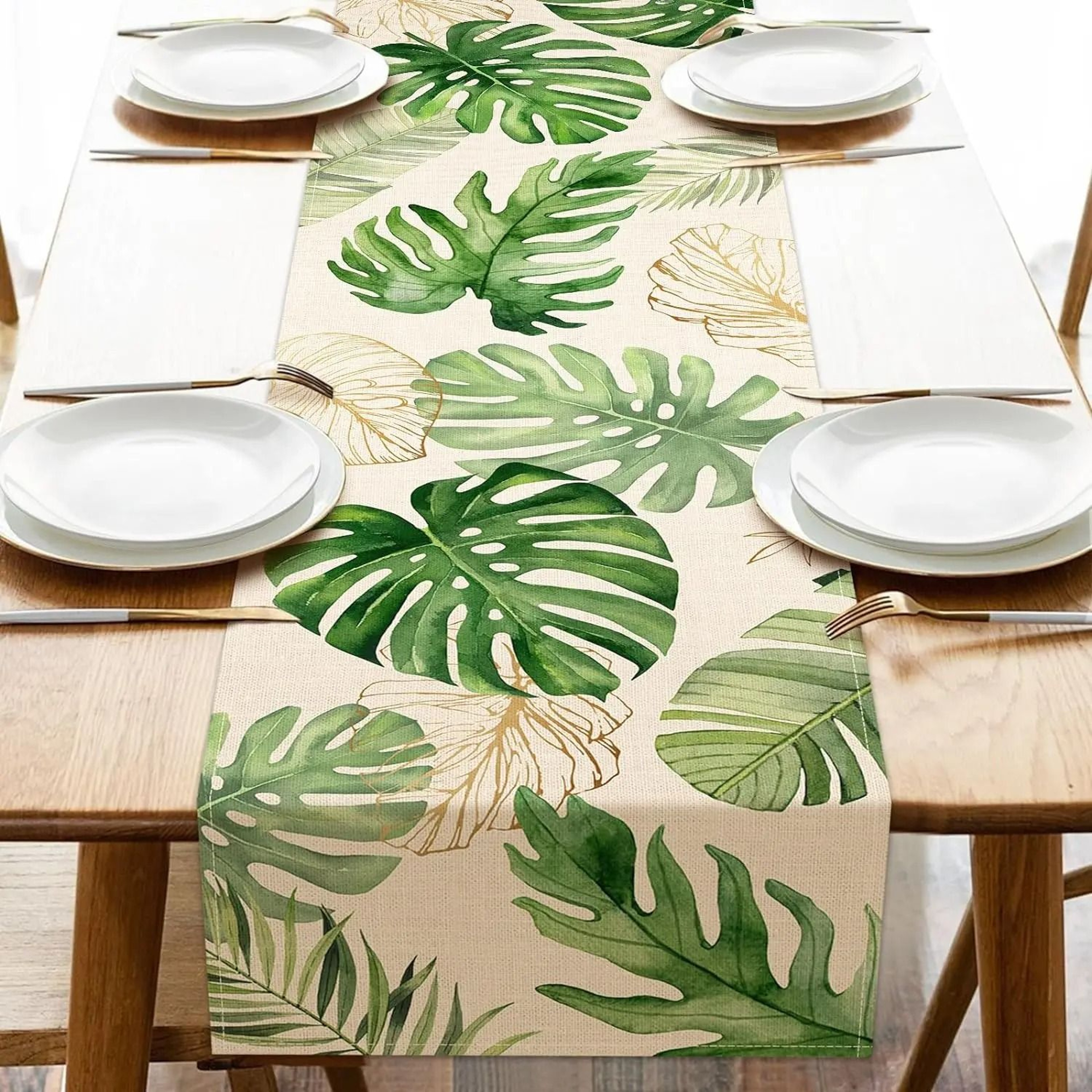 Tropical Summer Palm Leaves Table Runner  Lush Greenery Linen Dining Decor  Outdoor Party Accent 0