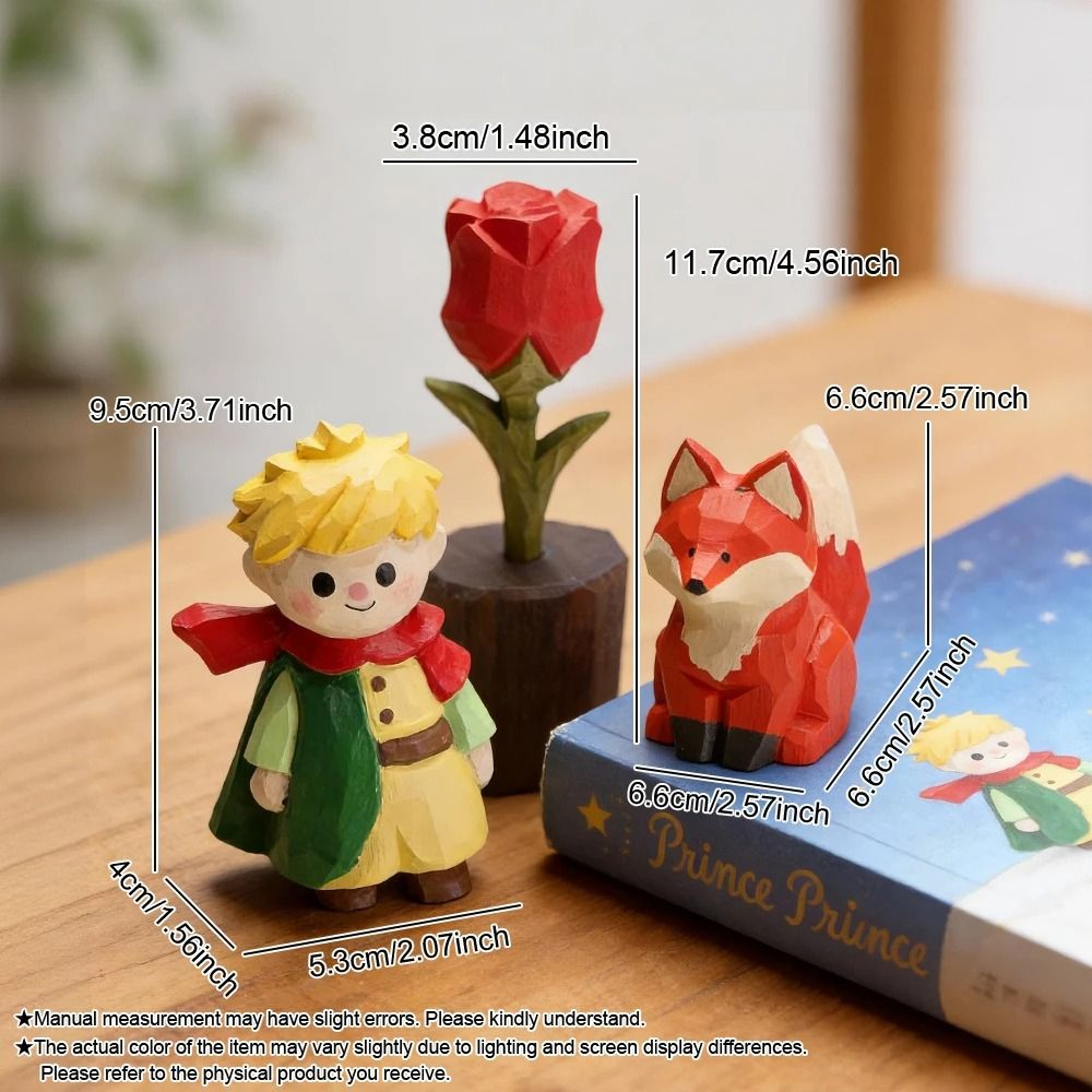HandCarved Little Prince Wood Sculpture Set  Whimsical Fox  Rose Miniature Desktop Ornaments 3