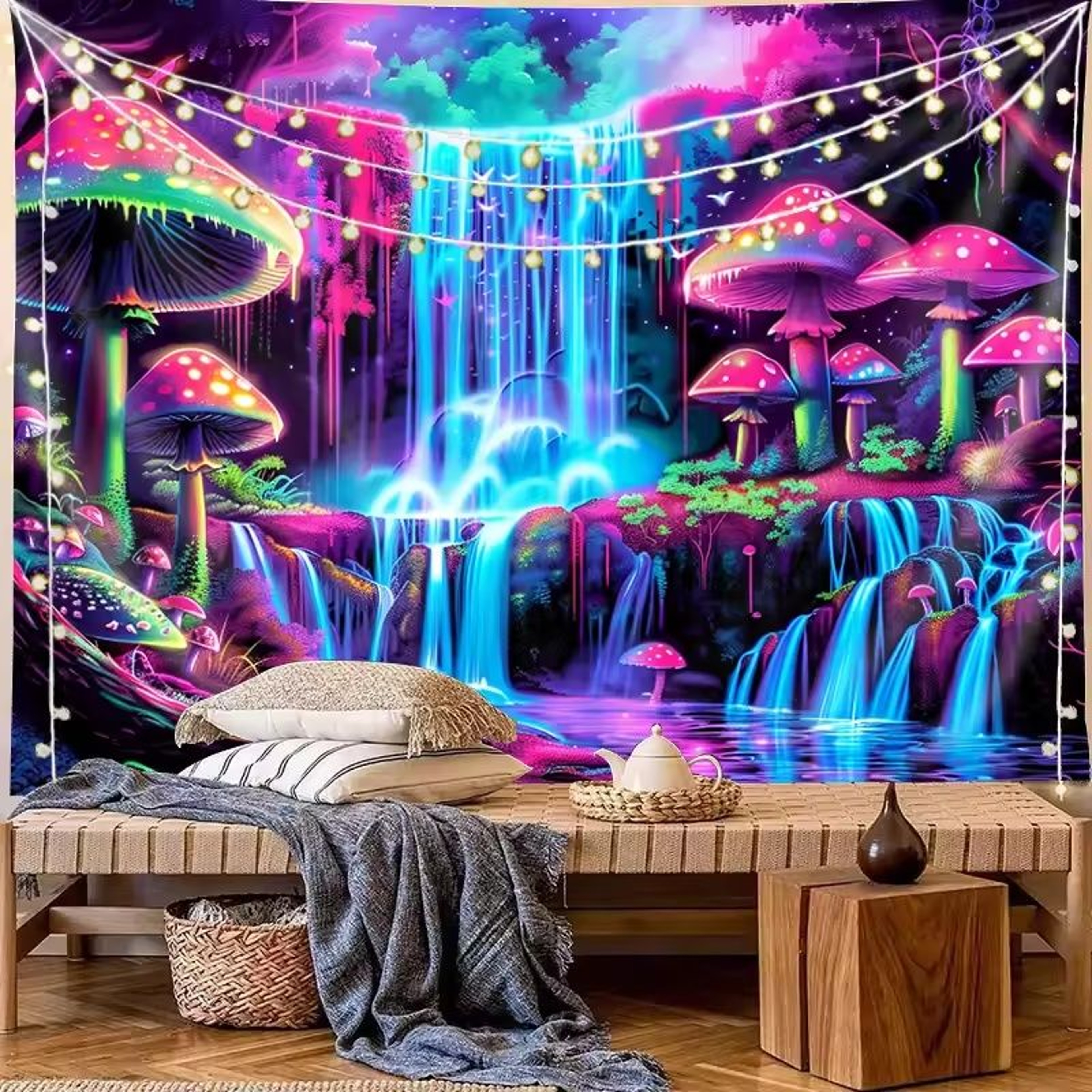 VIKAMA Psychedelic Forest Tapestry  Cyberpunk Waterfall Wall Art  Neon Decor For Gaming Room  Bedro 1
