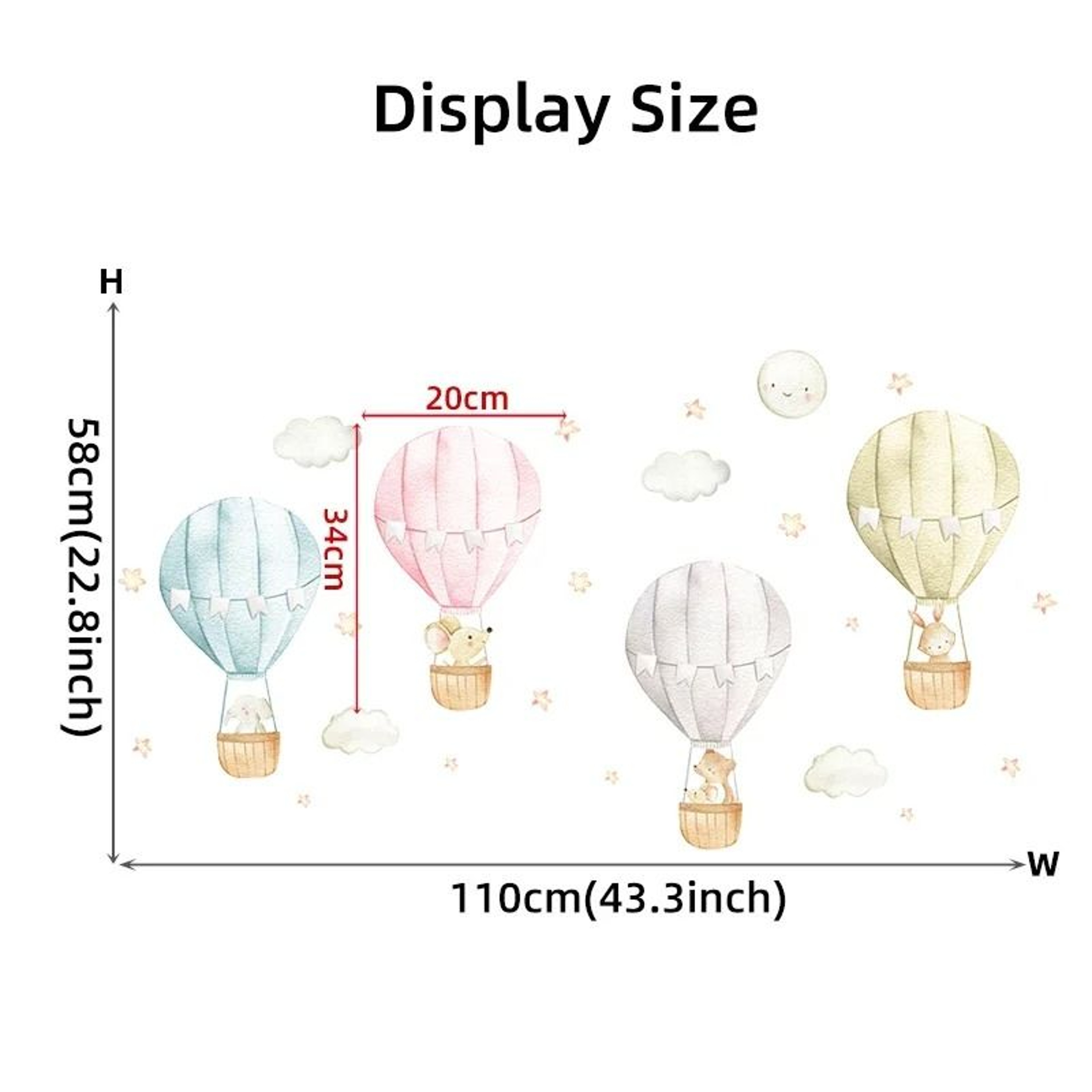 Watercolor Hot Air Balloon Wall Decals  Pastel Animal  Star Murals  Whimsical Nursery Decor For Kid 5