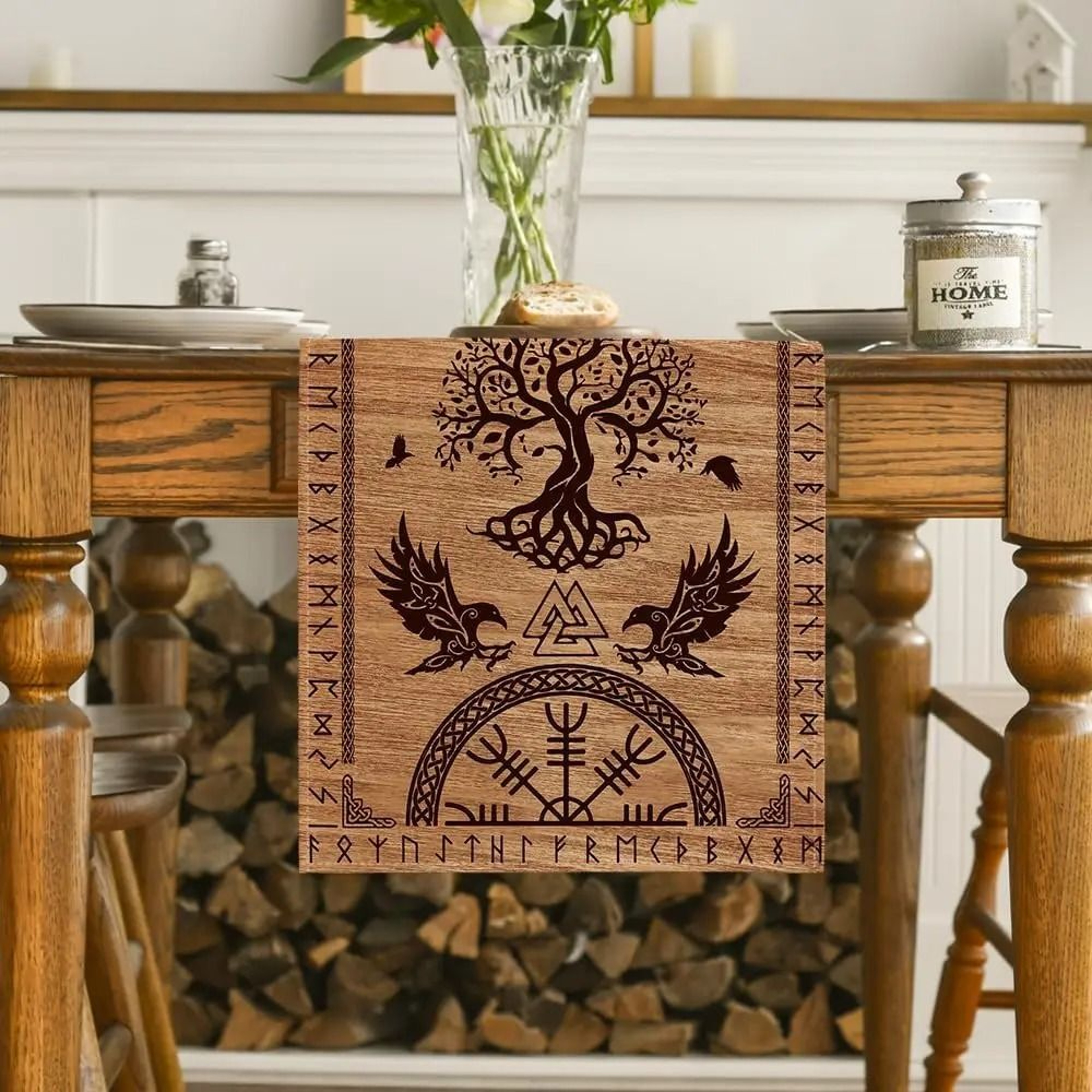 Viking Raven  Helmet Of Awe Table Runner  Nordic Mythology Linen Decor  Reusable Medieval Kitchen R 1