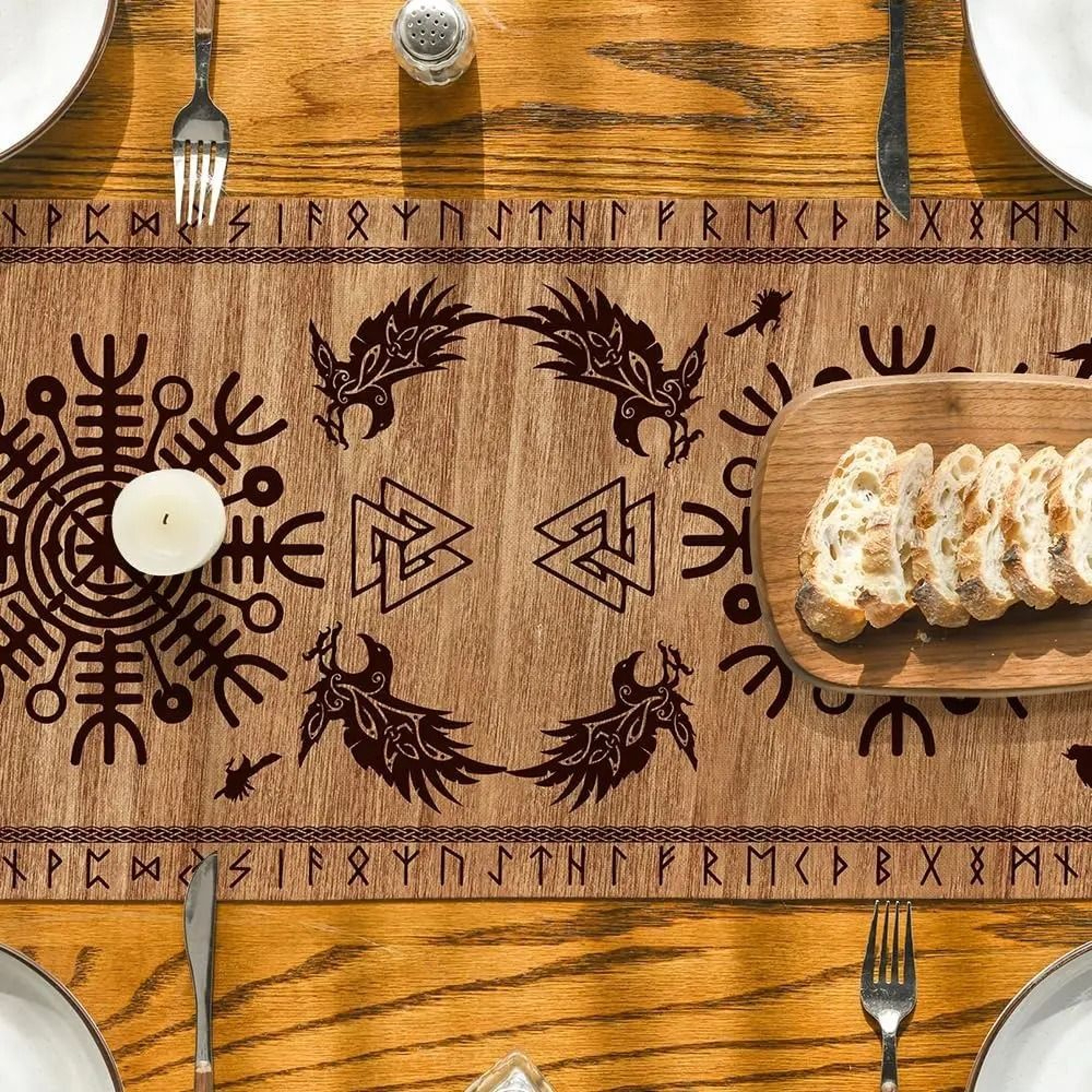 Viking Raven  Helmet Of Awe Table Runner  Nordic Mythology Linen Decor  Reusable Medieval Kitchen R 2