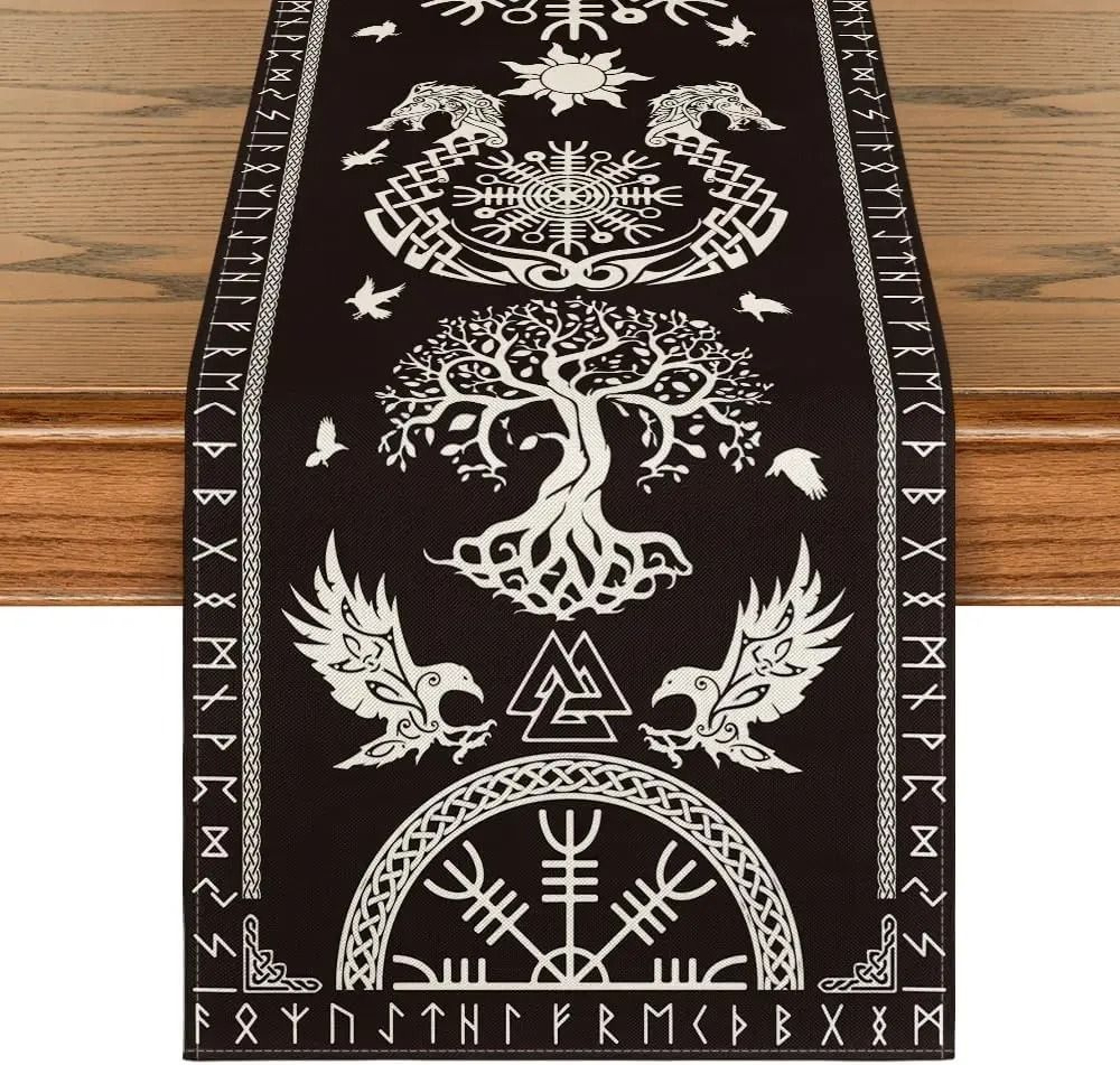 Viking Raven  Helmet Of Awe Table Runner  Nordic Mythology Linen Decor  Reusable Medieval Kitchen R 5