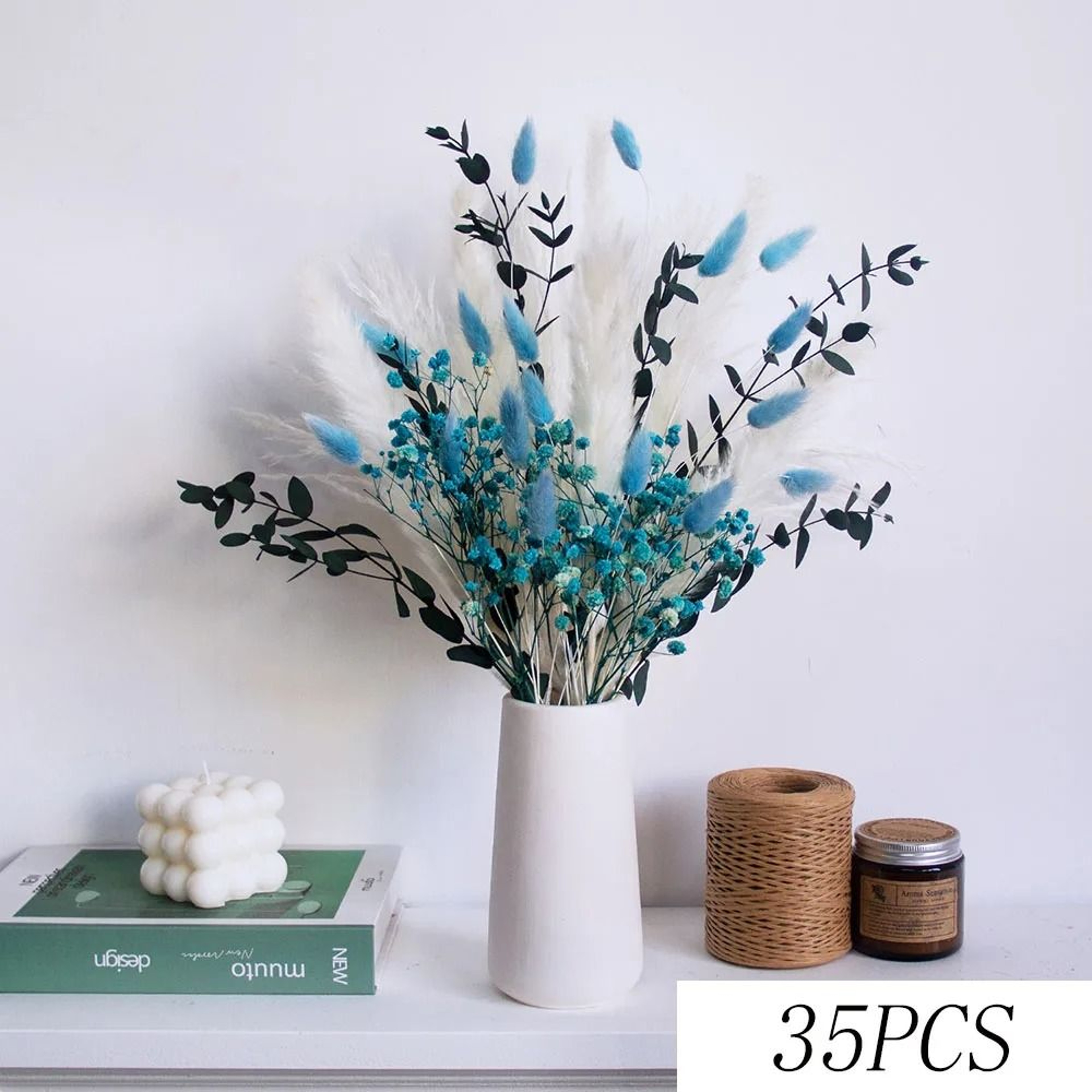70Stem Blue Rabbit Tail Pampas Grass  Dried Flower Bouquet With Gypsophila  Natural Interior Living 11