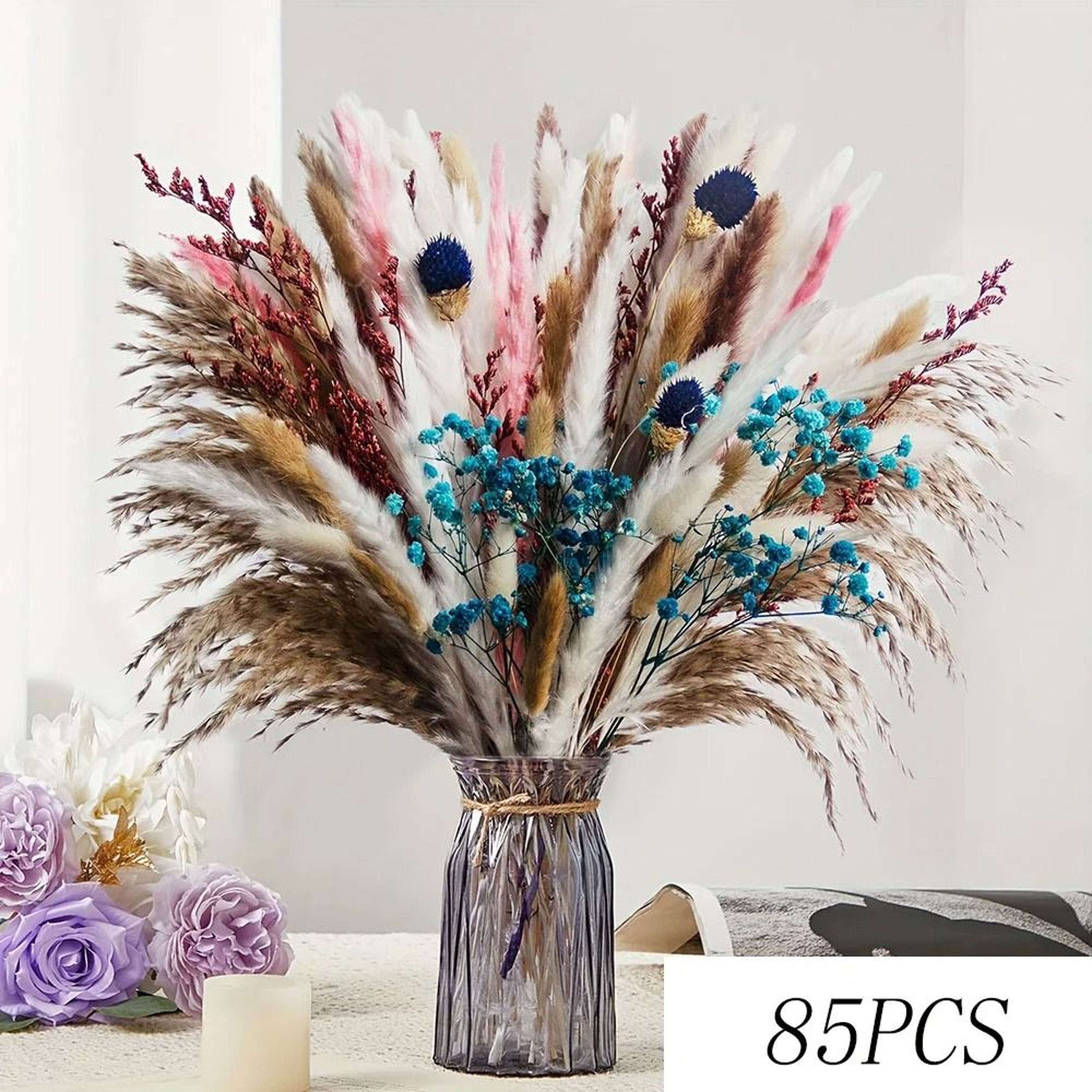 70Stem Blue Rabbit Tail Pampas Grass  Dried Flower Bouquet With Gypsophila  Natural Interior Living 12