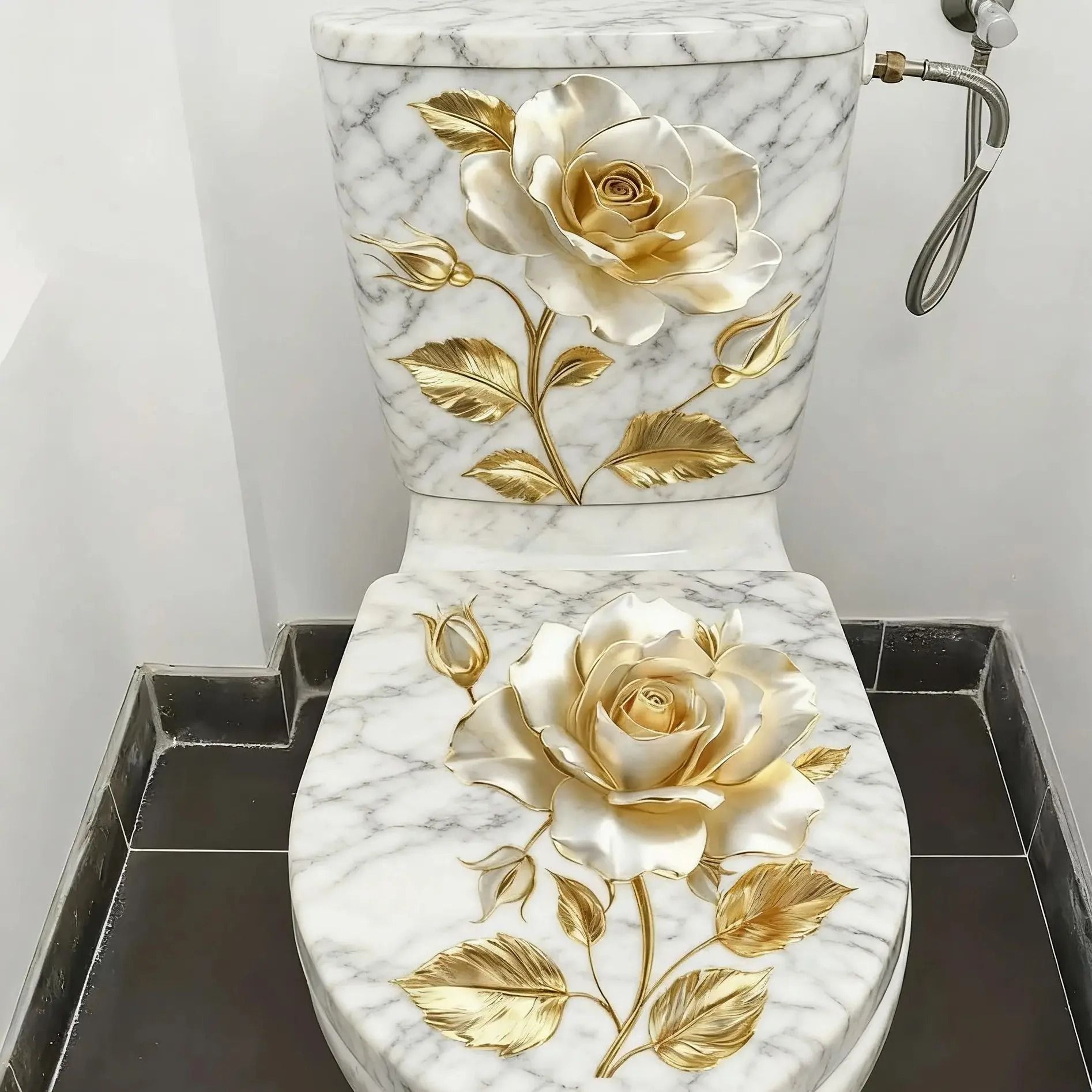 Golden Floral Toilet Decal Set  2Piece Waterproof Bathroom Decor  Elegant SelfAdhesive Sanctuary Ar 0