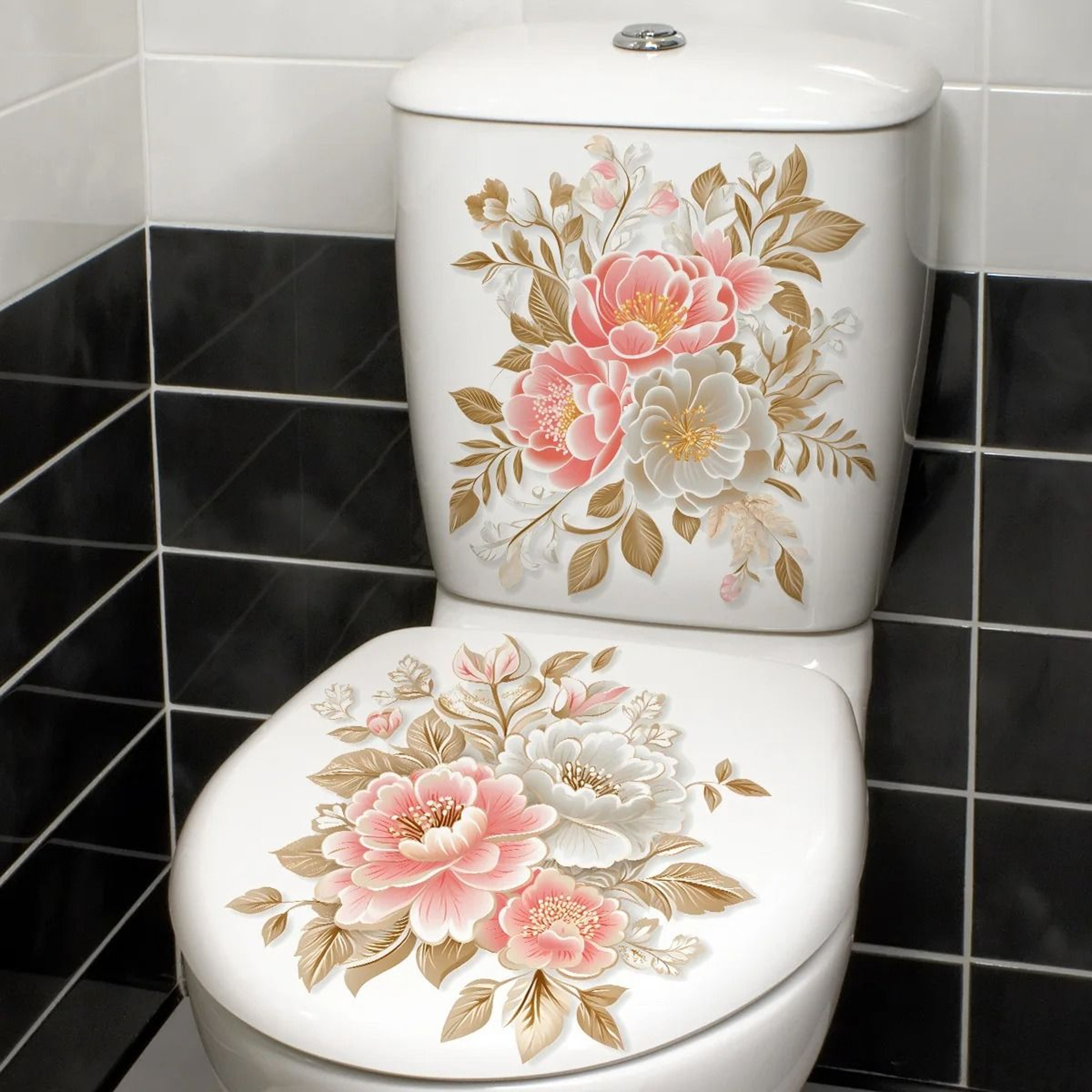 Golden Floral Toilet Decal Set  2Piece Waterproof Bathroom Decor  Elegant SelfAdhesive Sanctuary Ar 6