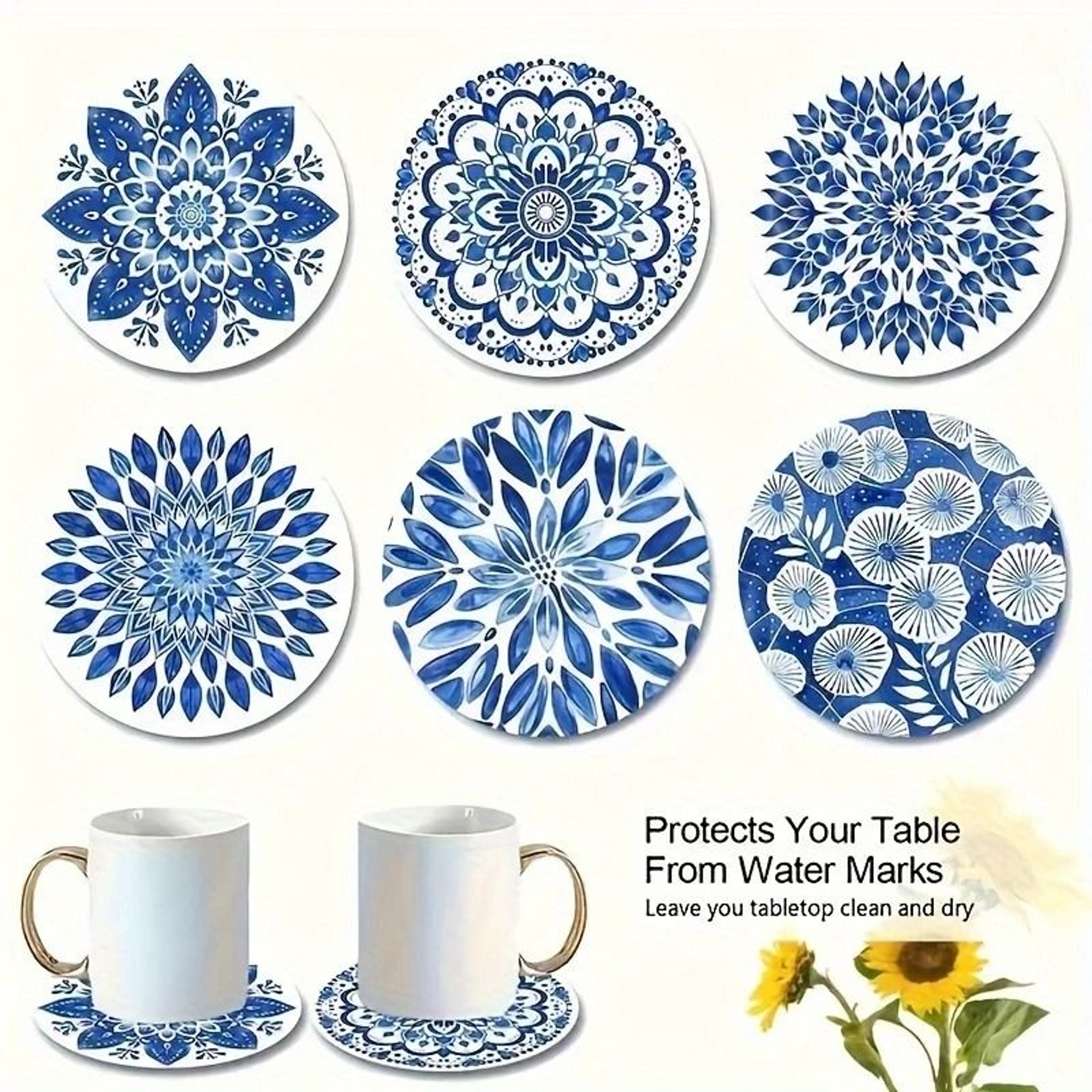 Blue Celadon Theme Wooden Coasters  6pc CeramicAesthetic Desk Mats  Desktop Insulating Coffee Cup D 4