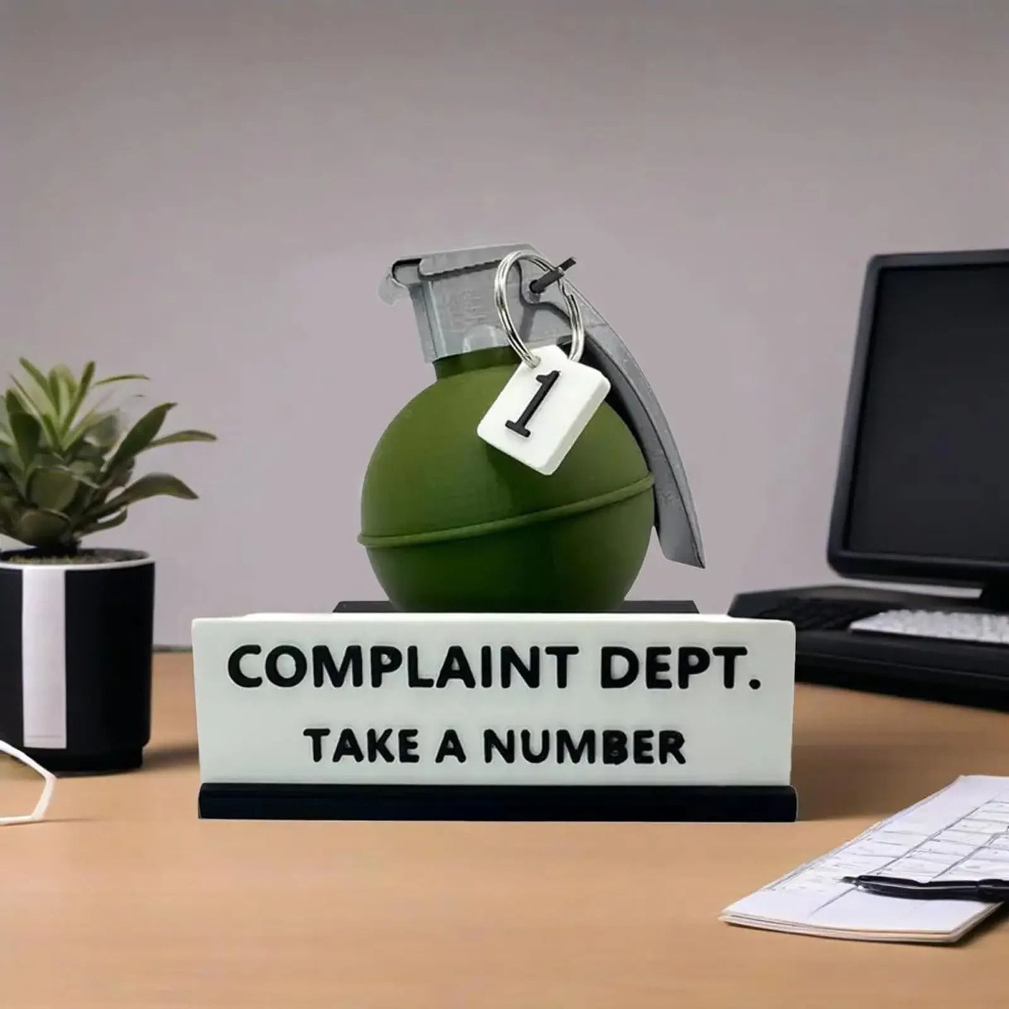 Funny Complaint Dept Desk Sign  3D Printed Grenade Prank Gift  Professional Executive Office Humour 0