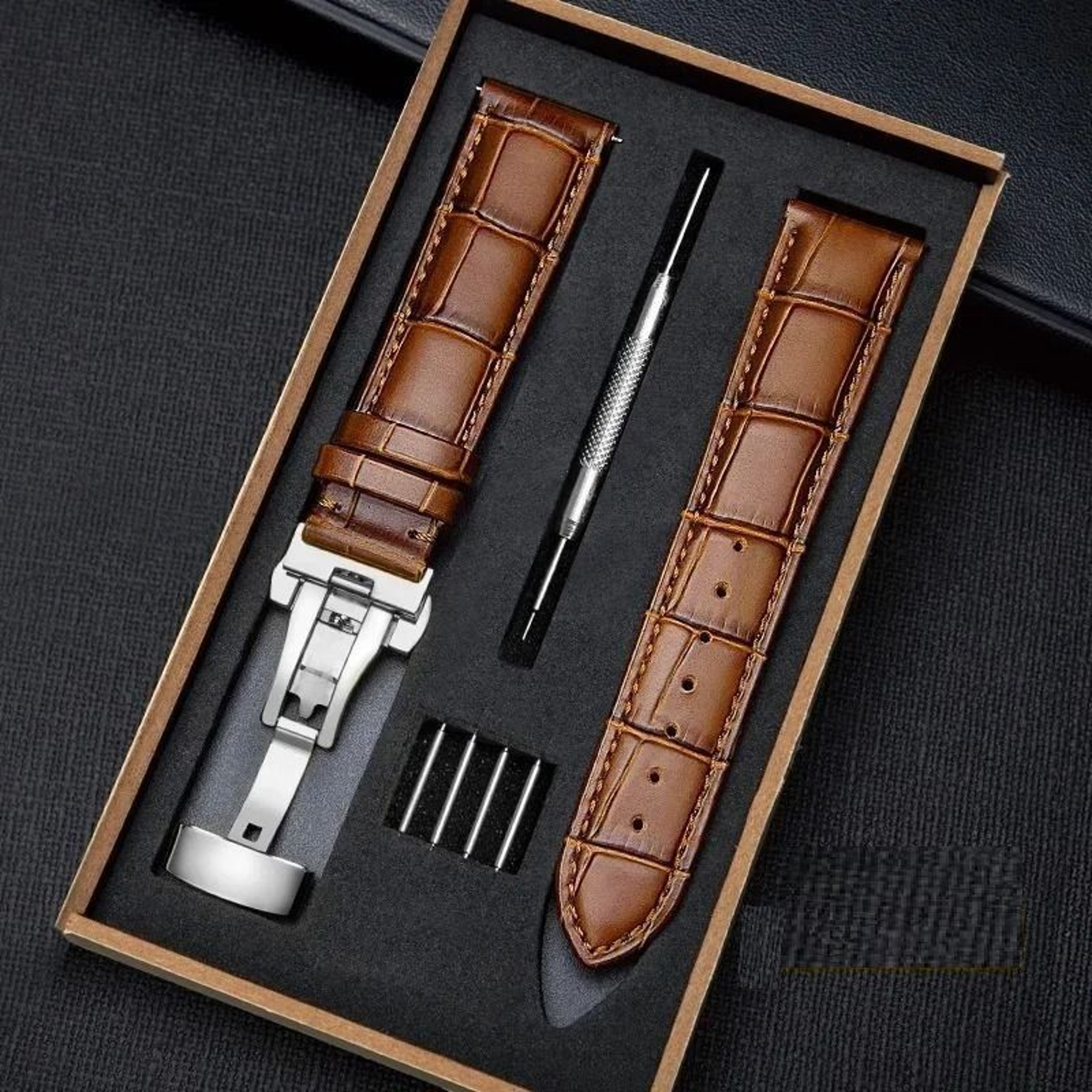 Genuine Leather Watch Band With Wooden Box And Butterfly Clasp 8