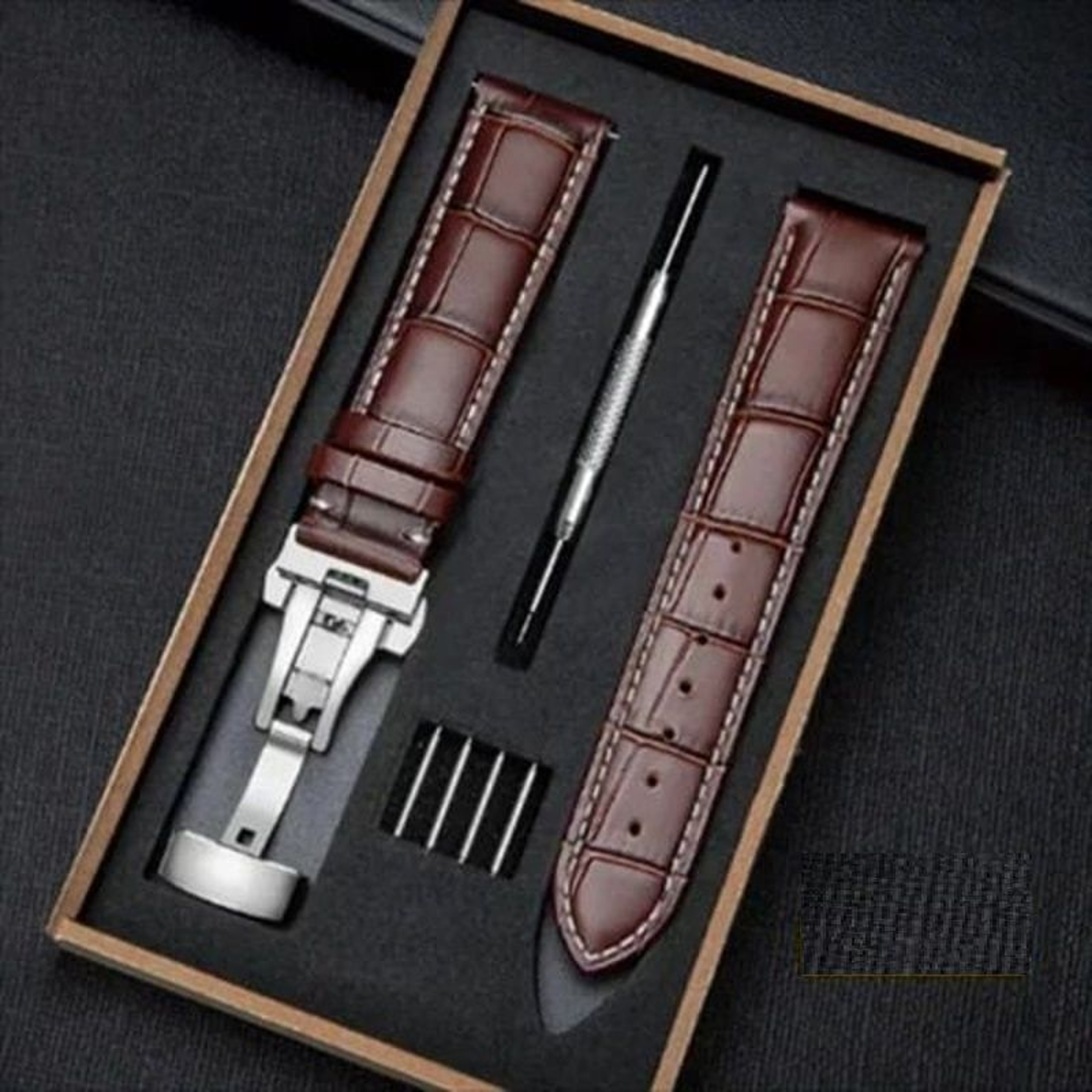 Genuine Leather Watch Band With Wooden Box And Butterfly Clasp 10