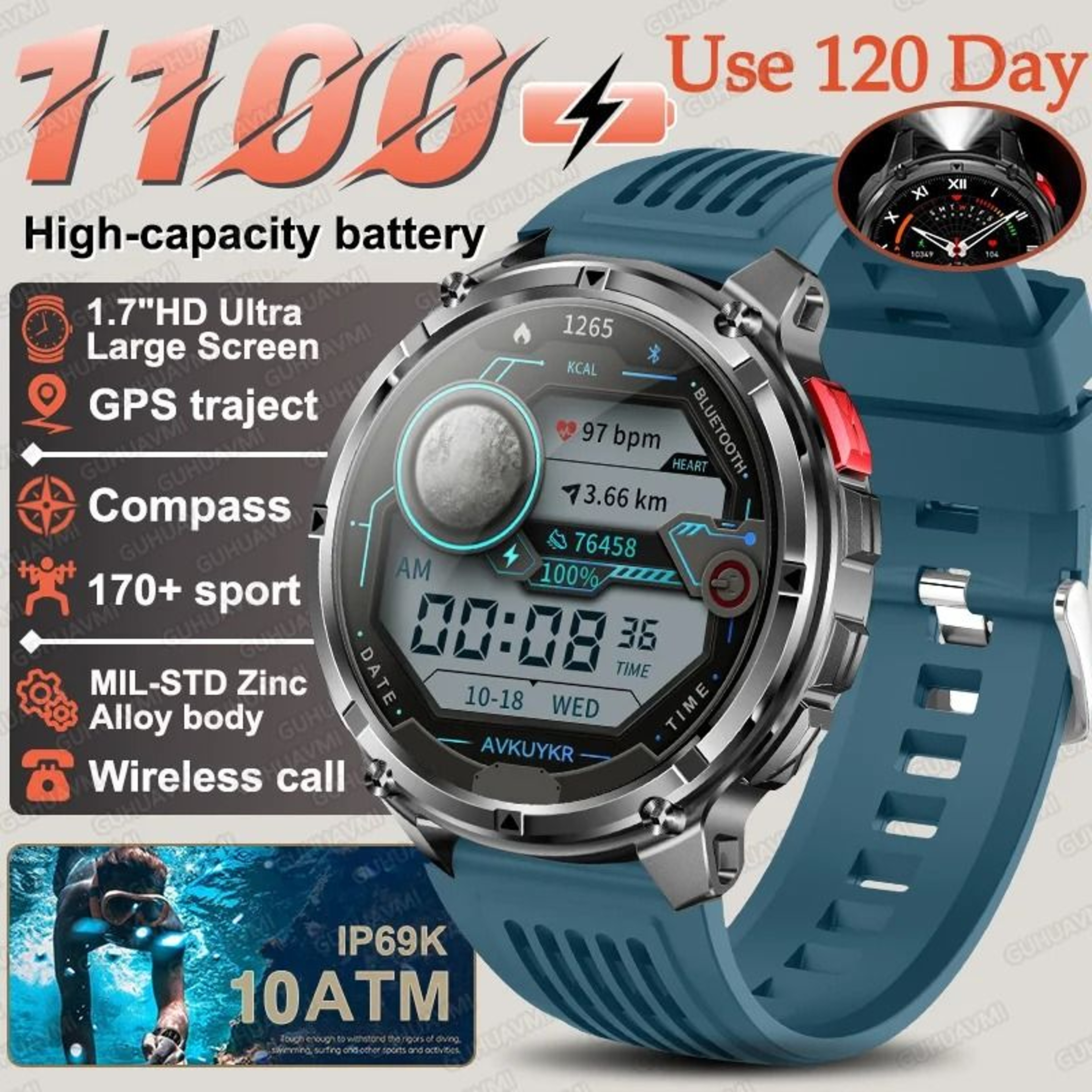 TRex 3 Pro Military Smart Watch  1100mAh Battery  GPS Compass  Rugged 10ATM Waterproof Sports Track 8
