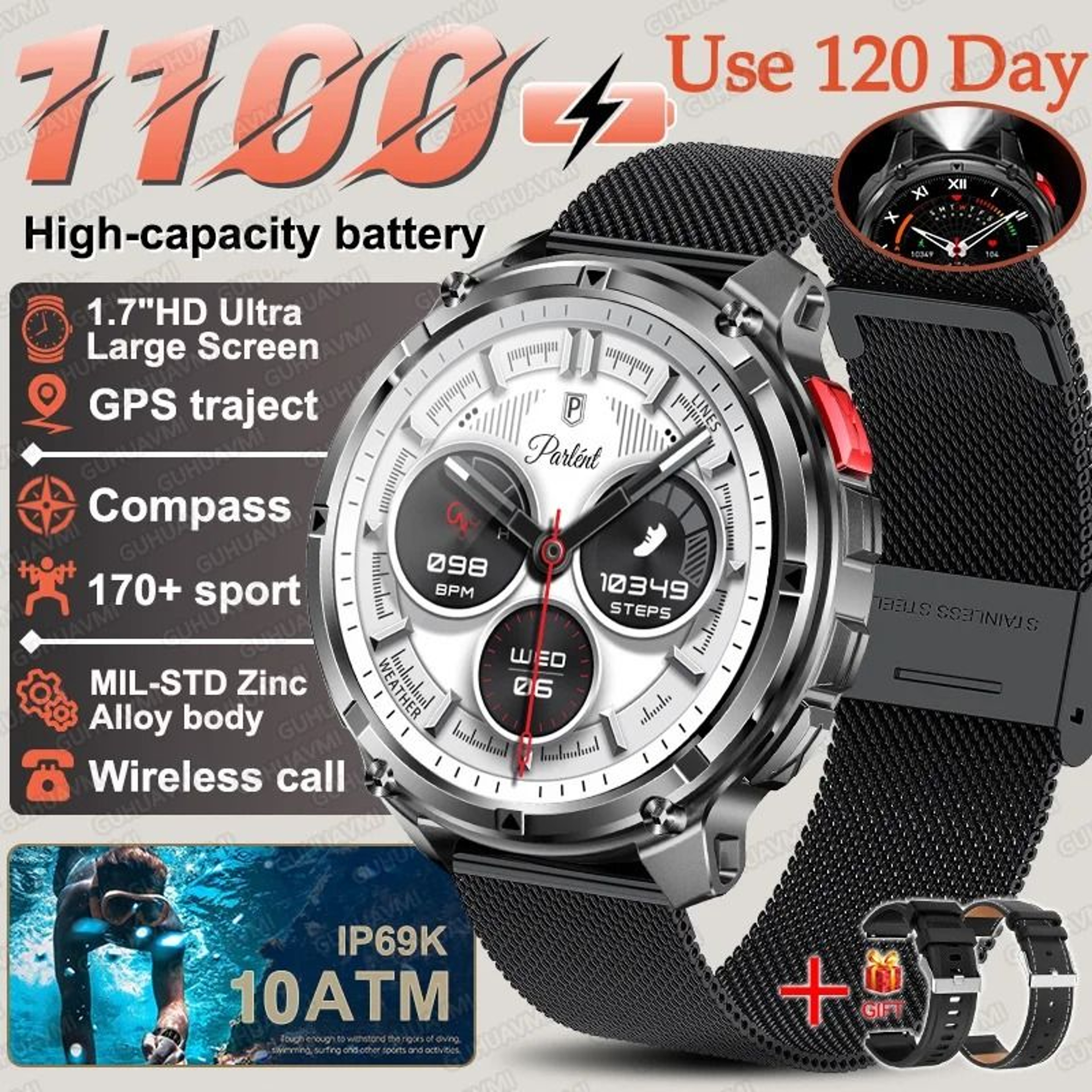 TRex 3 Pro Military Smart Watch  1100mAh Battery  GPS Compass  Rugged 10ATM Waterproof Sports Track 15