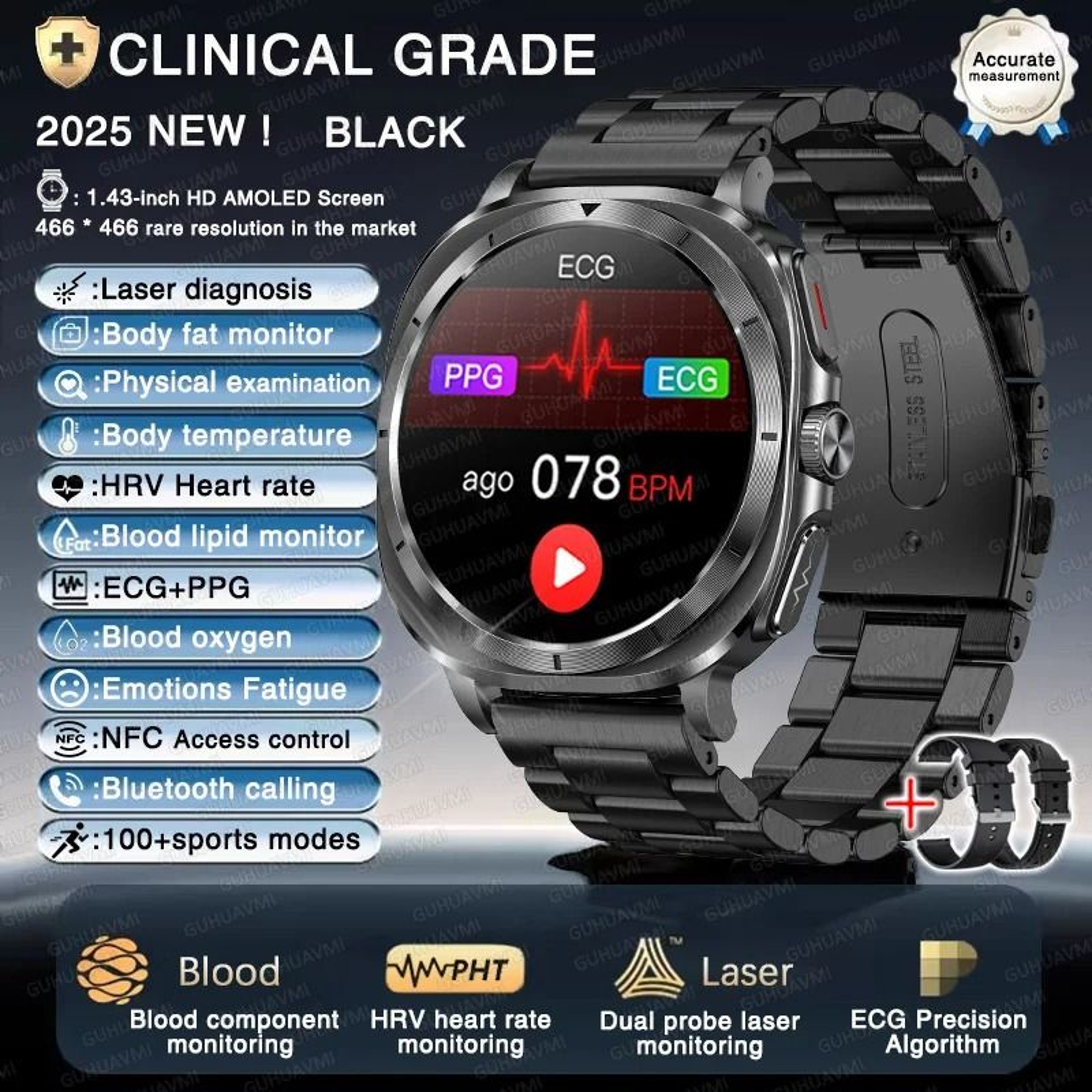 2025 Nursing Health Smart Watch  ECG  Uric Acid Body Analysis  Executive Blood Lipid  BP Monitoring 12